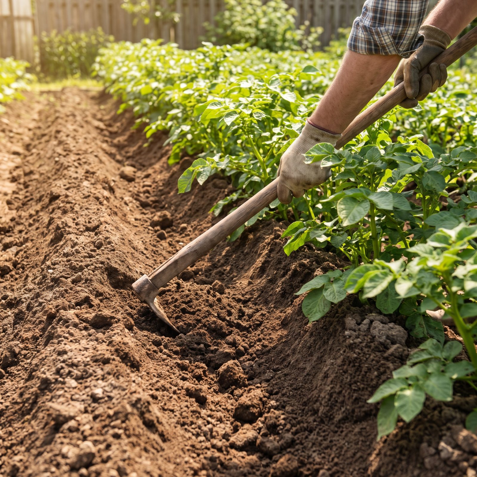 Hill Soil Around Potato Plants to Protect Developing Tubers From Light