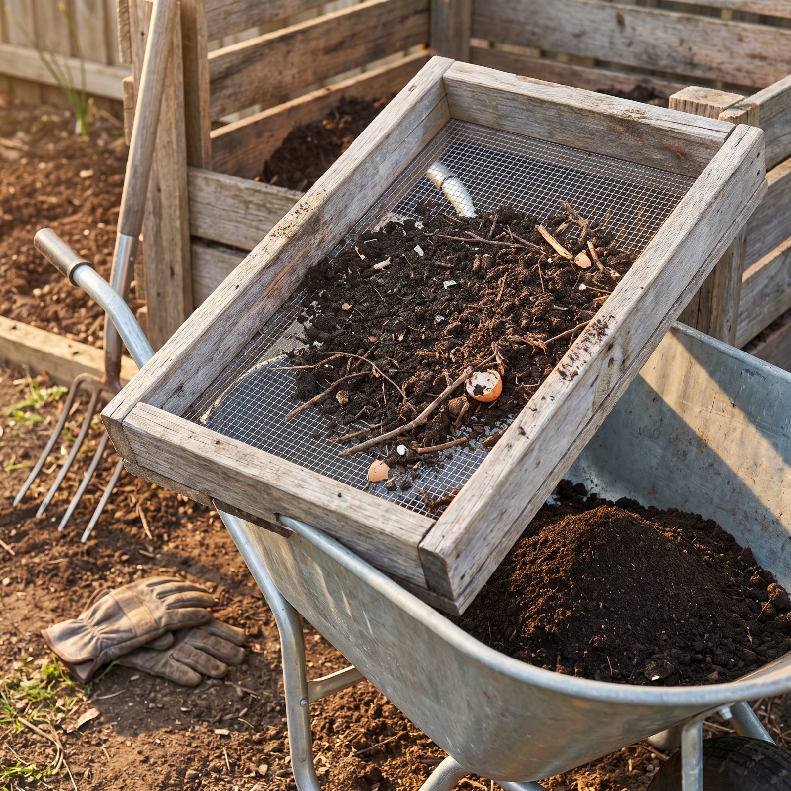 A Homemade Wooden Screen for Sifting Compost