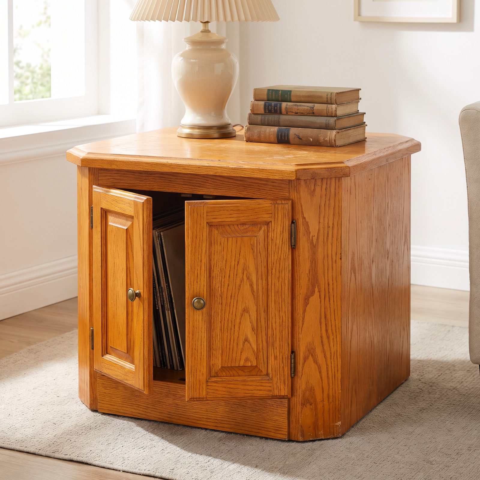 Honey-Oak Octagonal End Table With Cabinet Doors