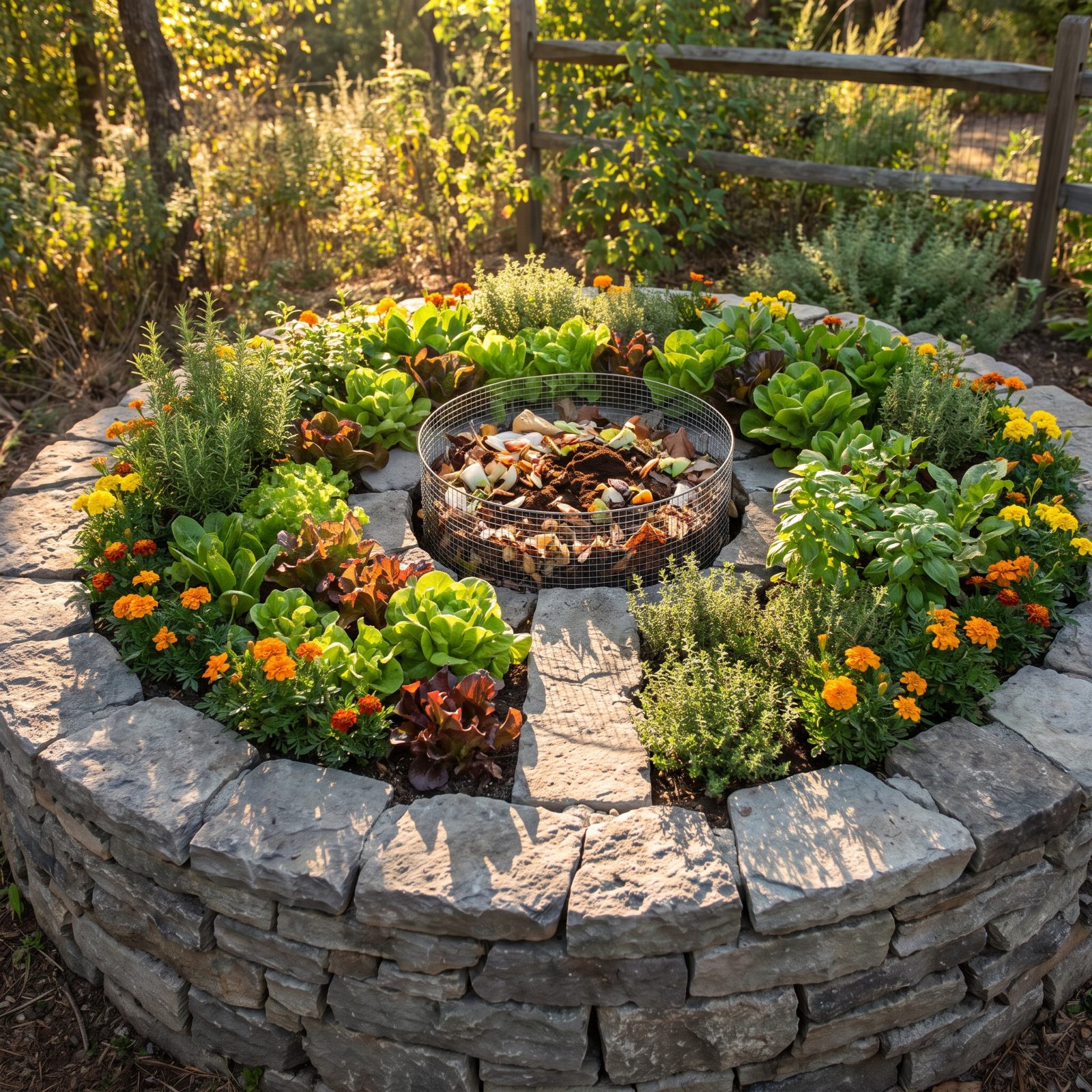 A Keyhole Bed With a Compost Basket at Its Center