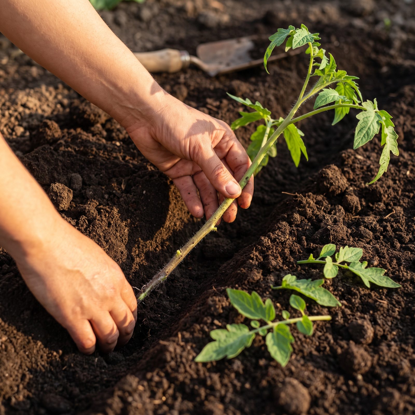 Lay Leggy Tomato Seedlings Sideways in Planting Trenches