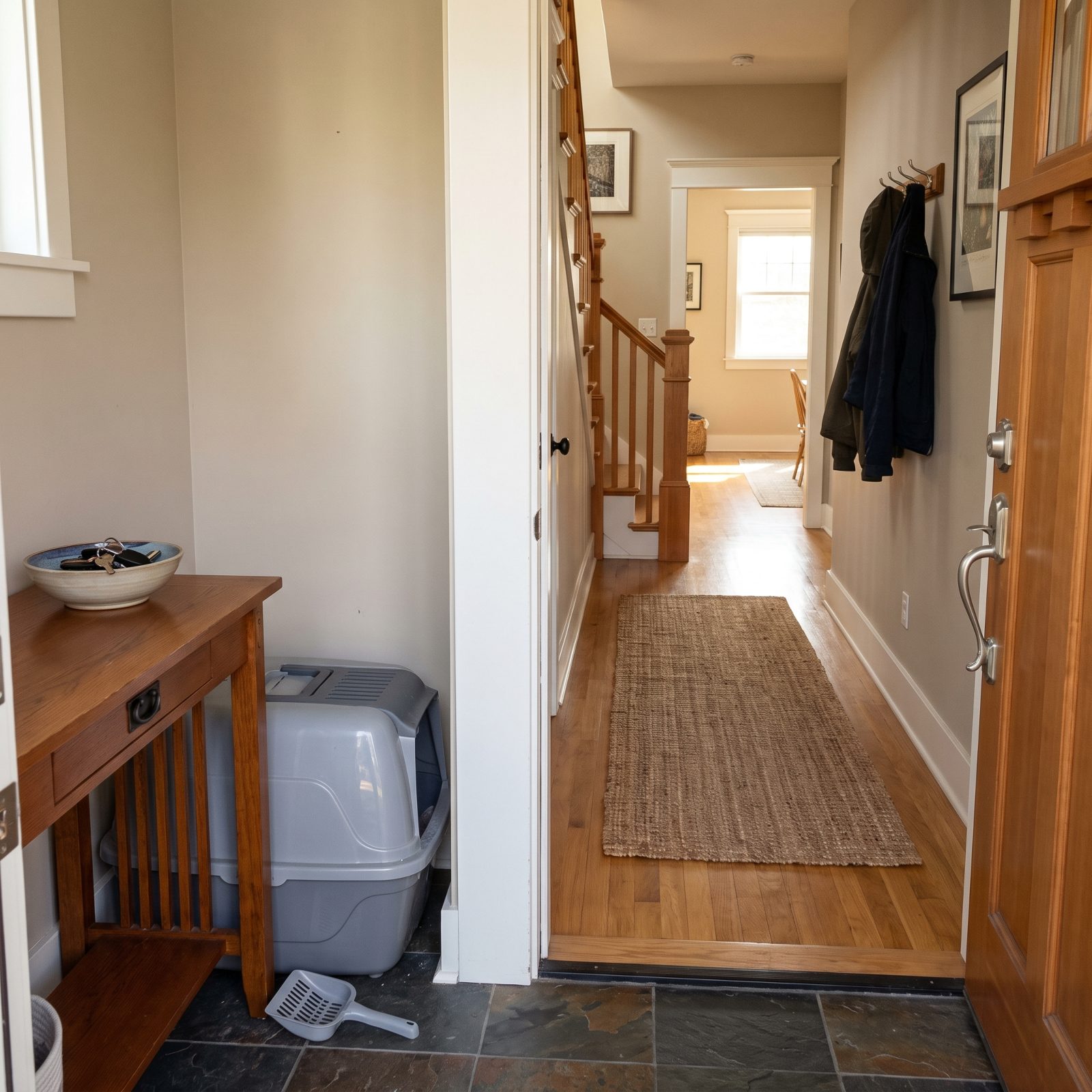A Litter Box Tucked Right Beside the Front Door