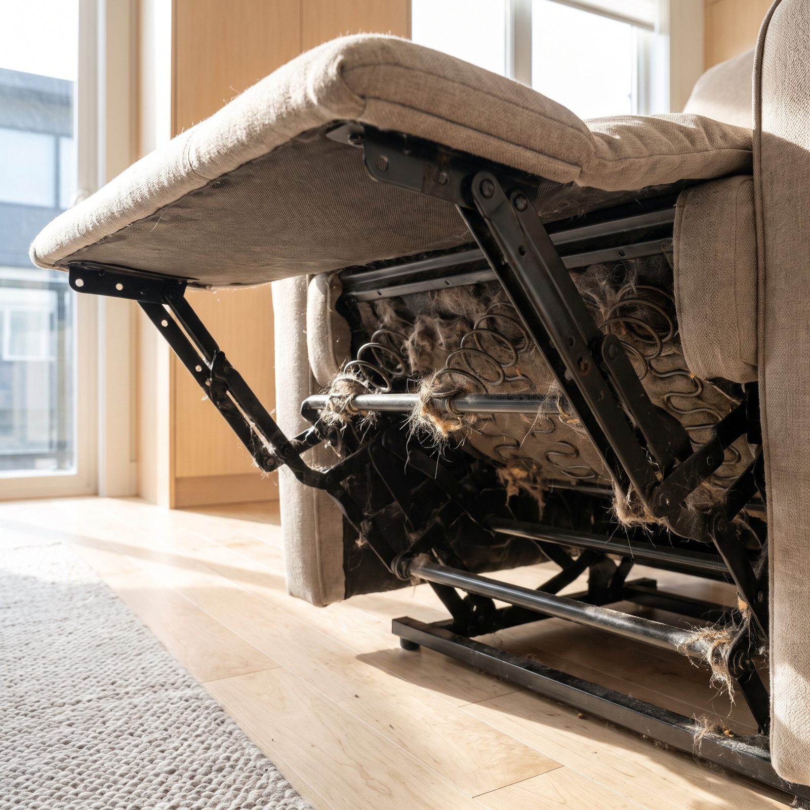The Mechanism Beneath a Recliner, Where Hair Winds Through the Hardware