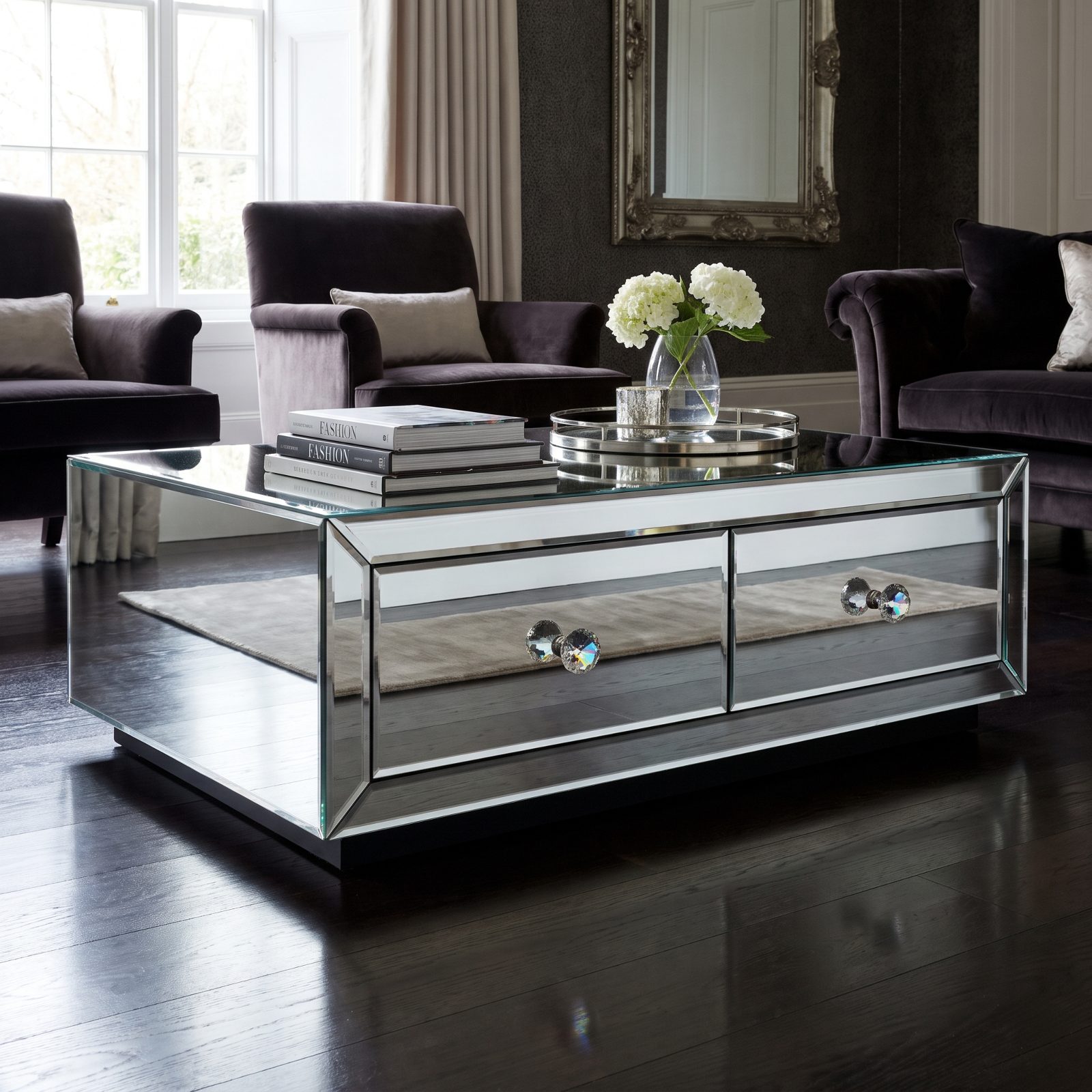 Mirrored Coffee Table With Crystal Pulls