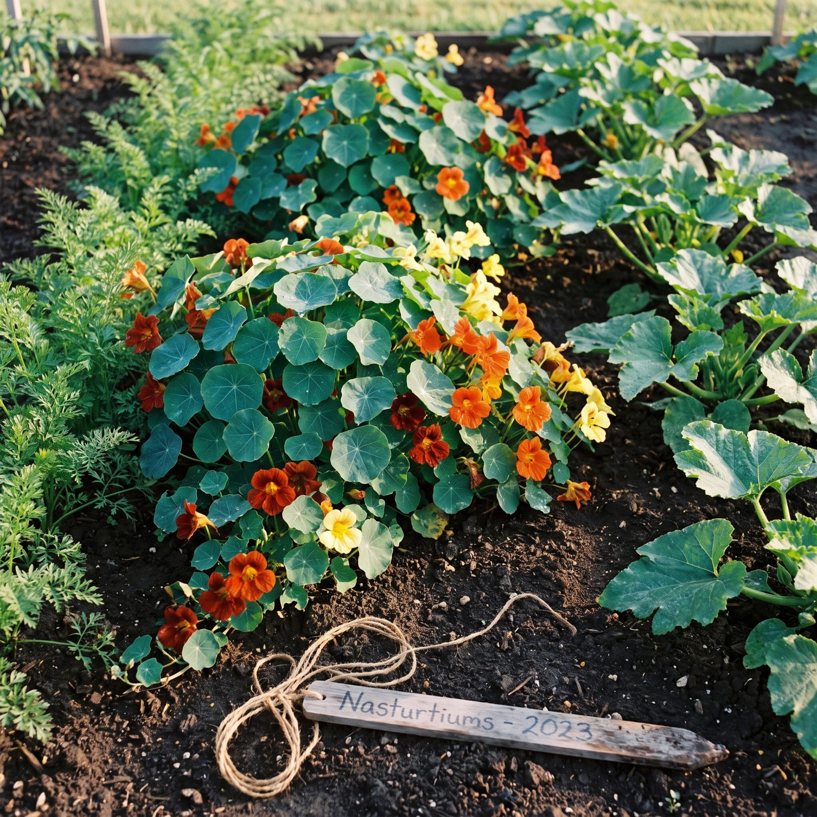 Nasturtiums Spilling Between Vegetable Rows