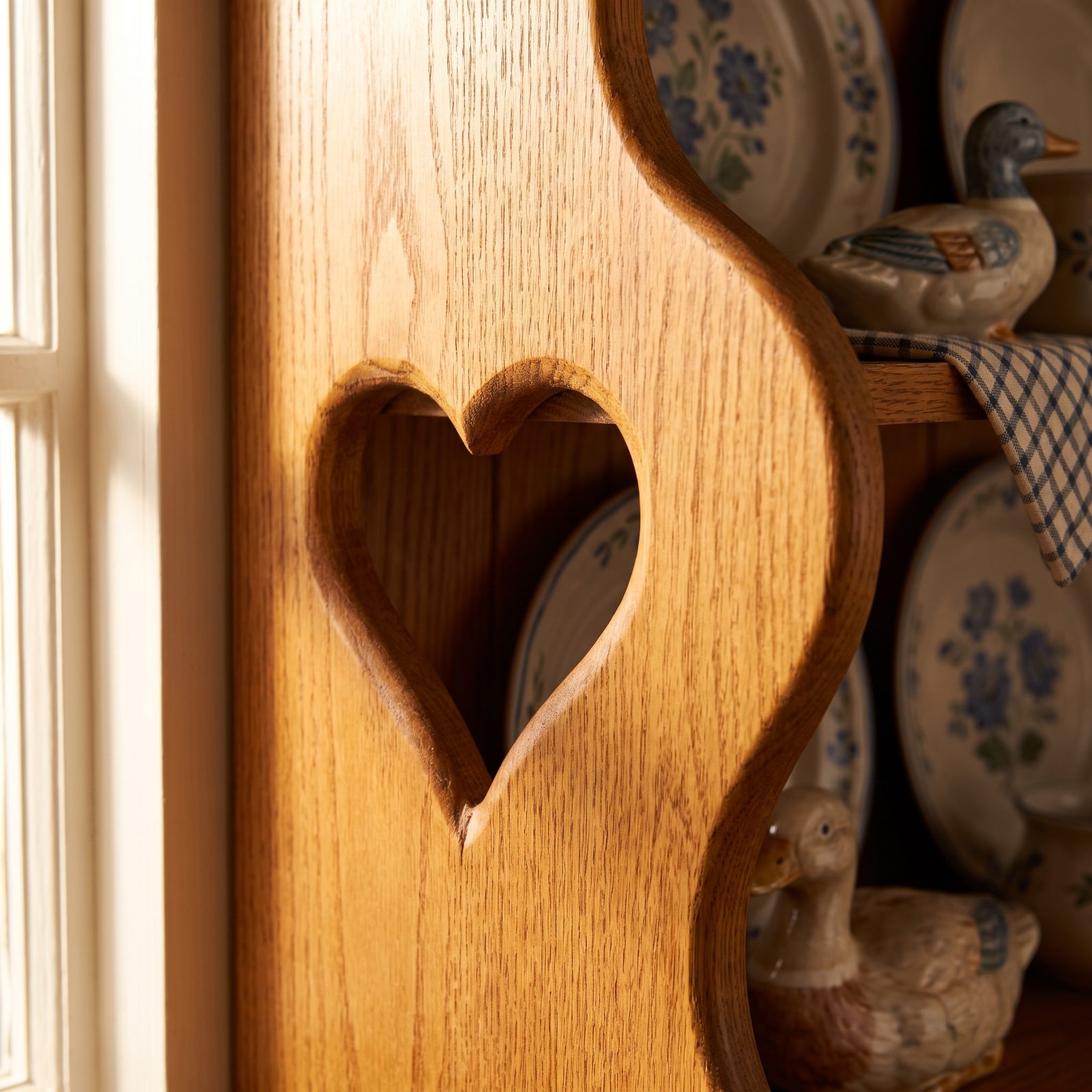 Oak Plate-Rack Hutch With Heart Cutouts