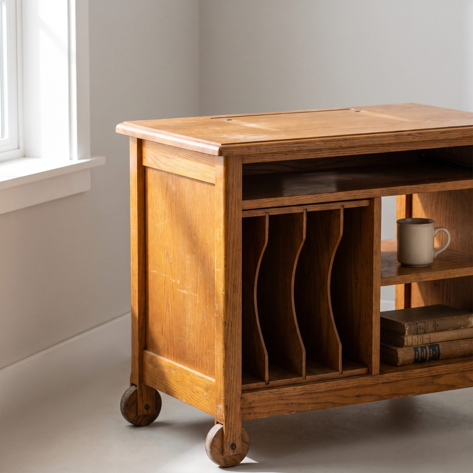 Oak Printer Cart With Paper Compartments