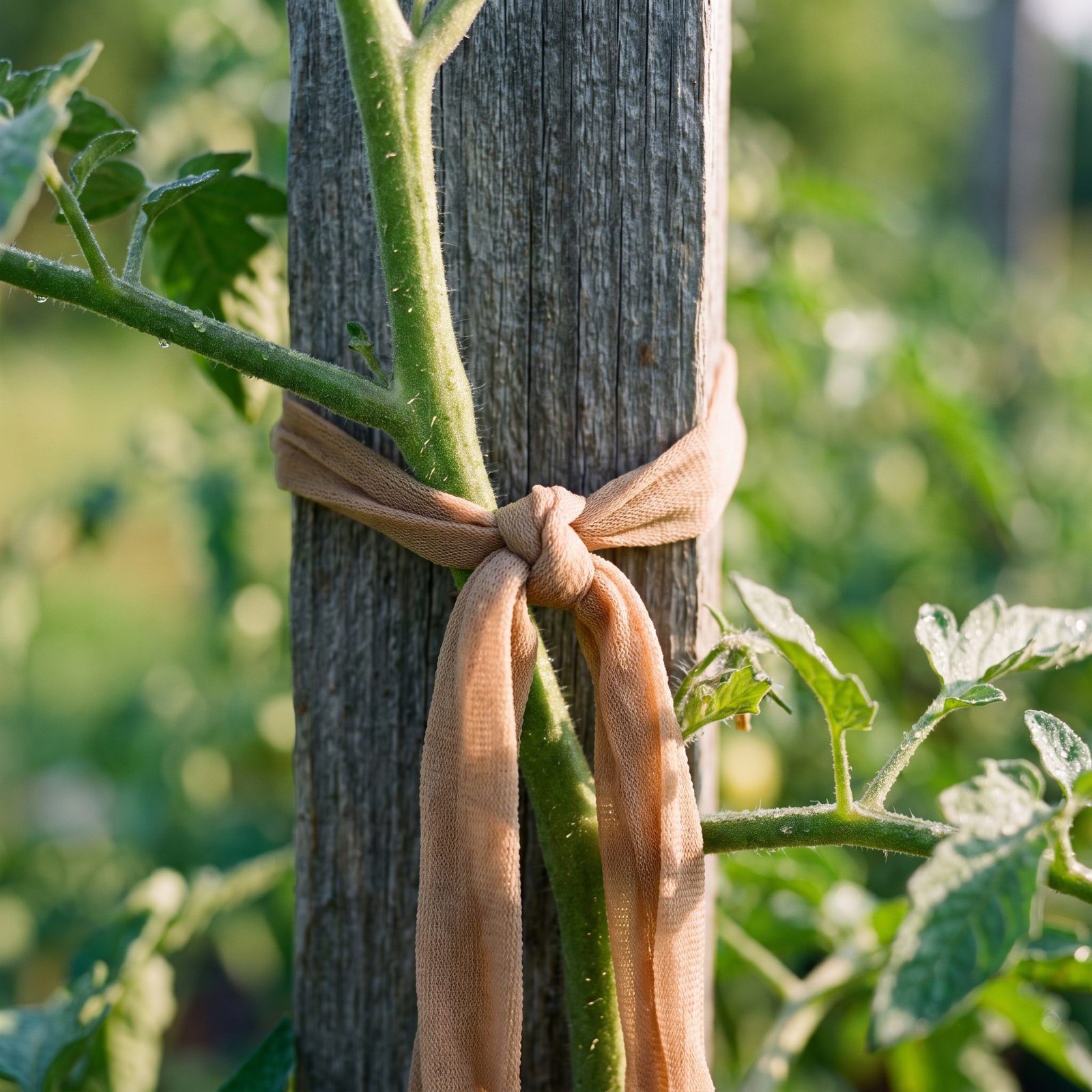 Old Nylon Stockings Used as Soft Plant Ties