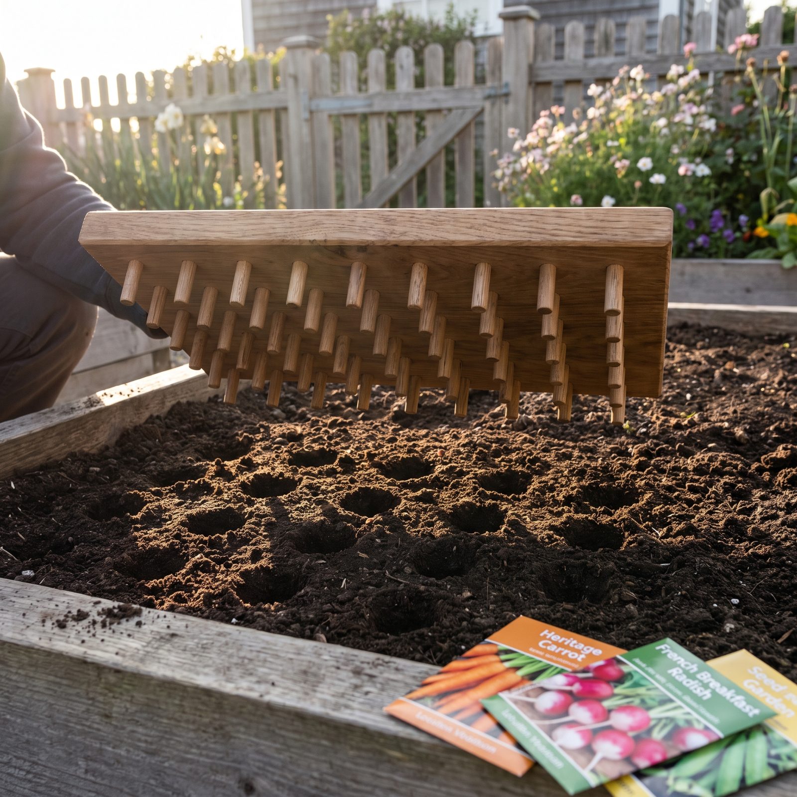 A Pegged Dibble Board That Spaces an Entire Seed Row at Once