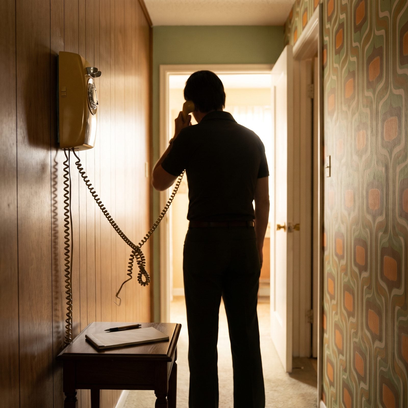 Picking Up the Wall-Mounted Rotary Phone in the Hallway