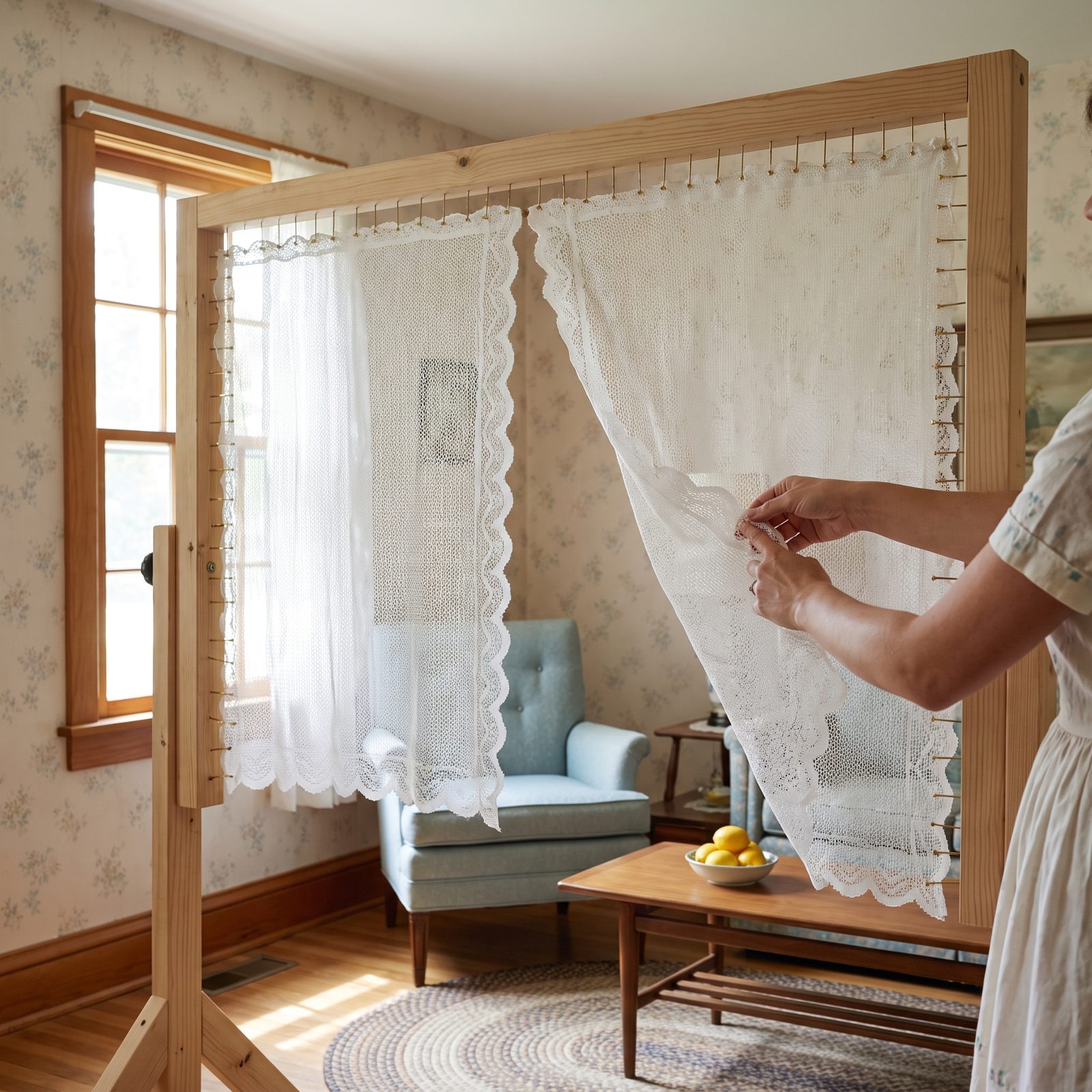 Pinning Washed Curtains Onto a Wooden Stretching Frame
