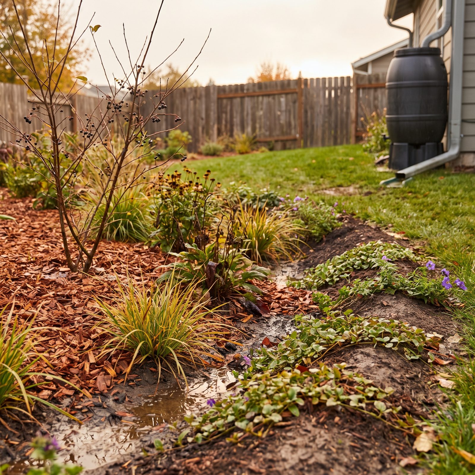 A Planted Swale That Catches Rain and Feeds It Straight to the Roots