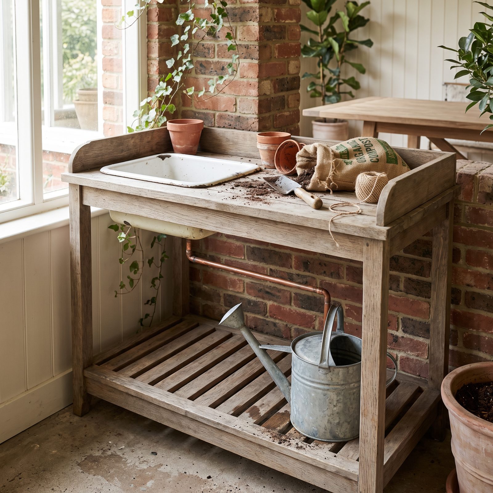 A Potting-Bench Sink That Drains Into a Watering Can