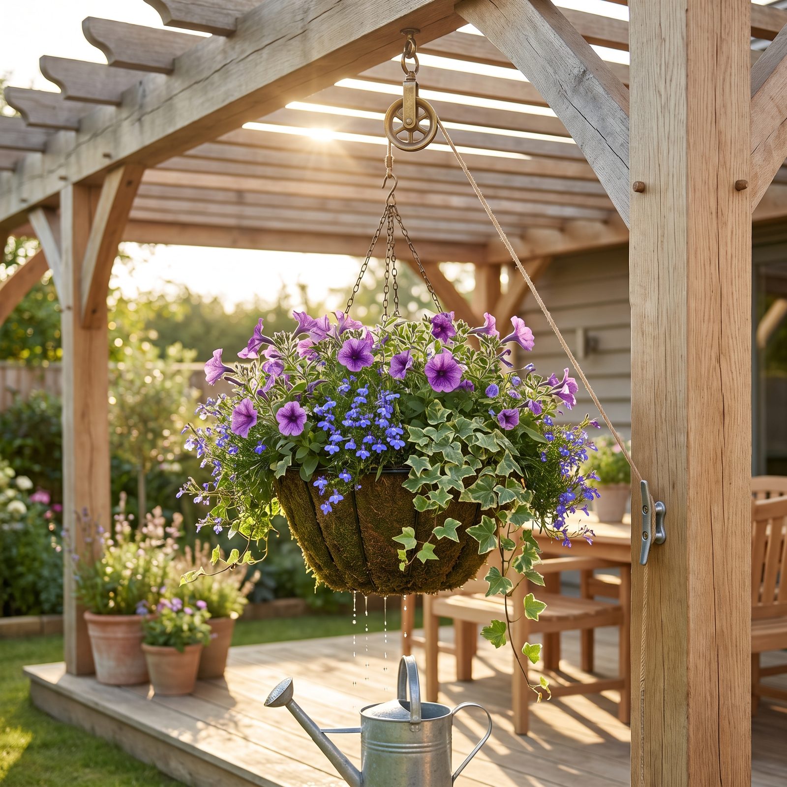 Pulley-Mounted Hanging Baskets That Lower for Watering