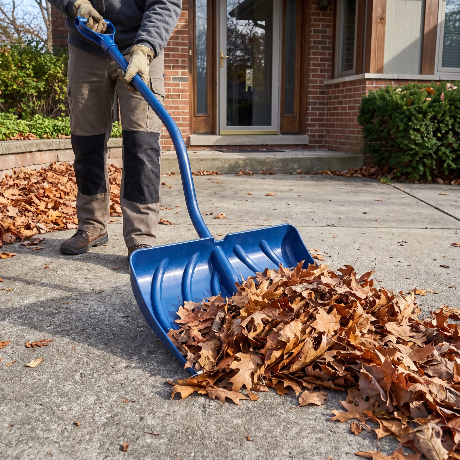Push Leaves with a Wide Snow Shovel on Flat Surfaces