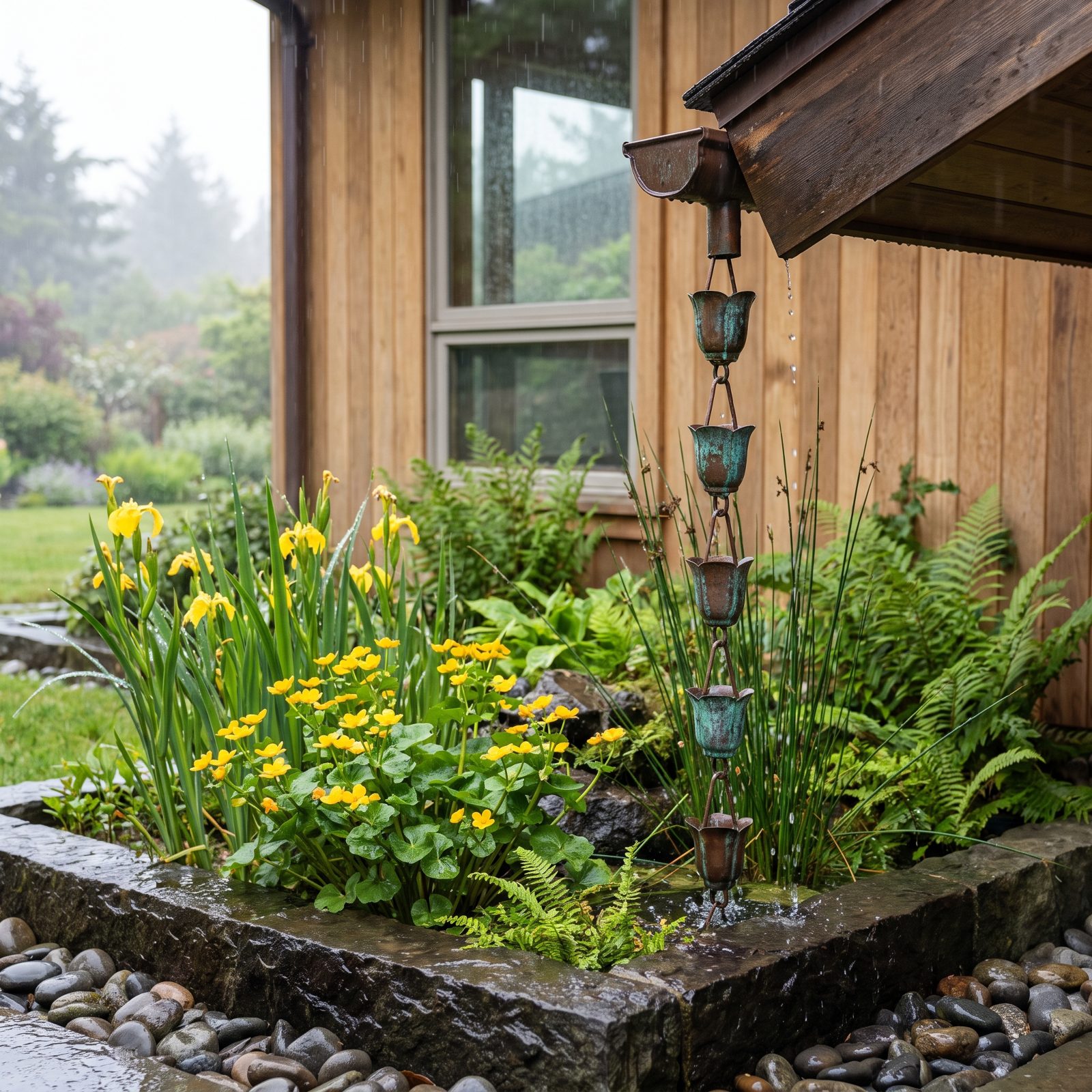A Rain Chain That Pours Straight Into a Bog Garden