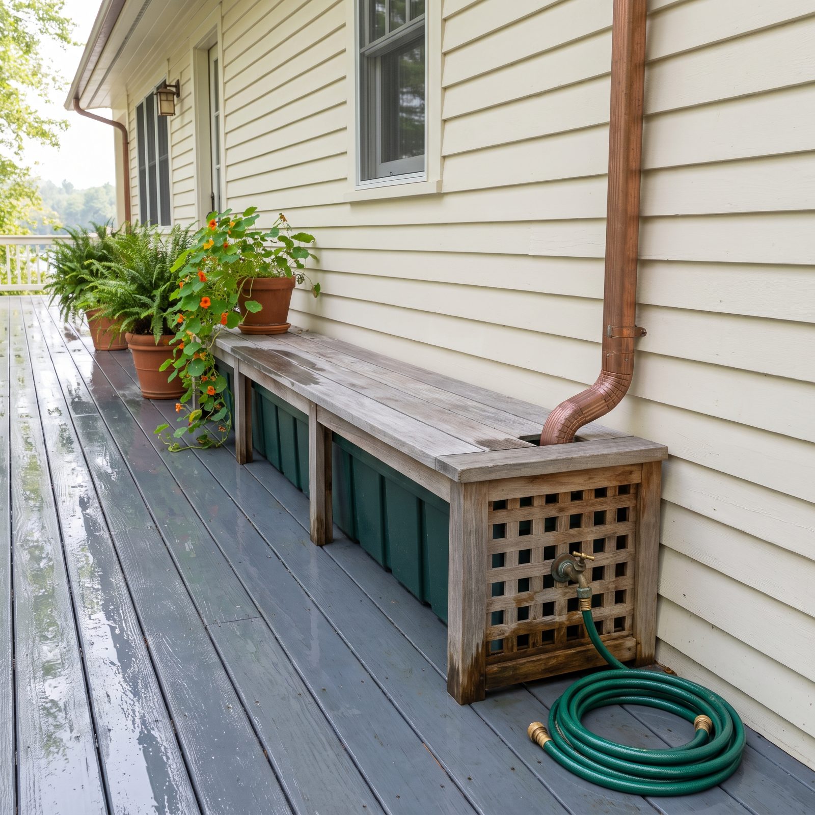 A Rain-Tank Bench That Hides the Water Barrel