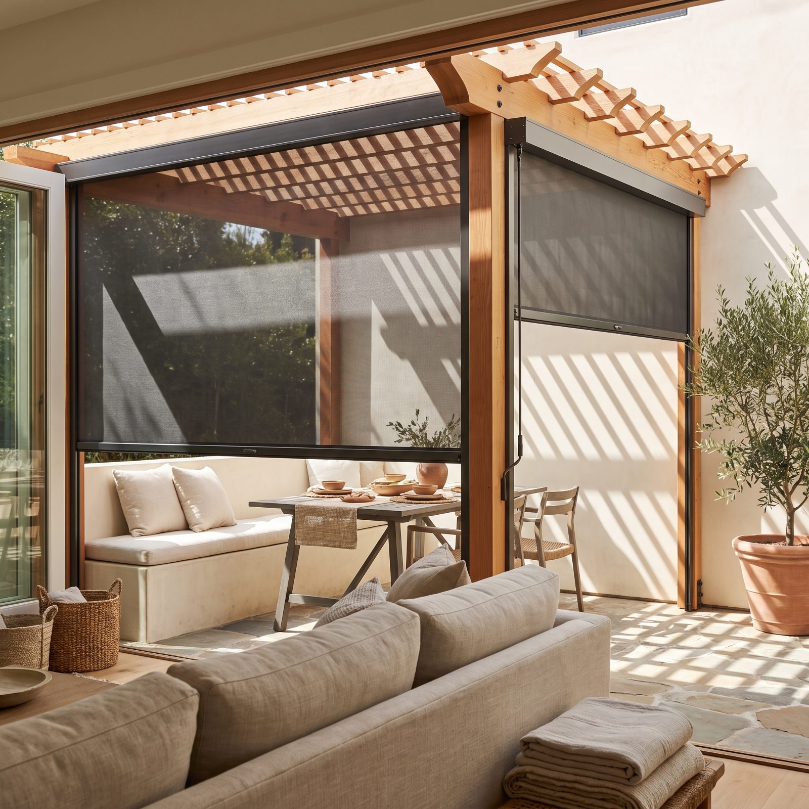 Retractable Pergola Screens You Pull Down When the Wind Turns