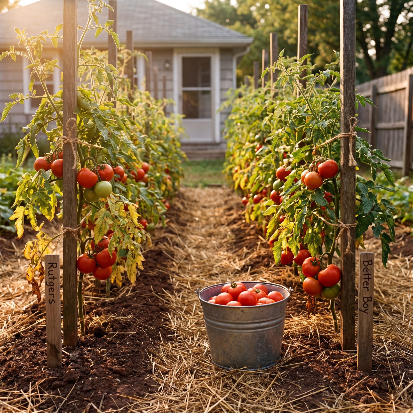 Rows of Rutgers and Better Boy Tomatoes