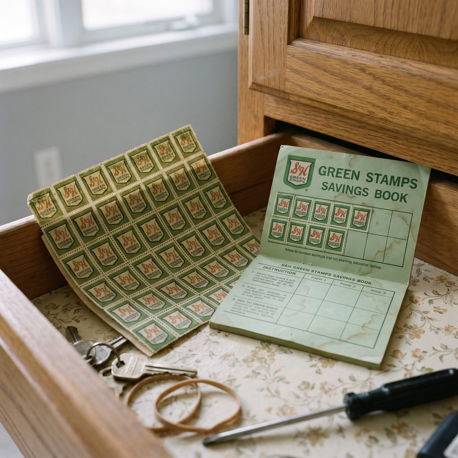 S&H Green Stamps Waiting to Be Pasted Into a Redemption Book