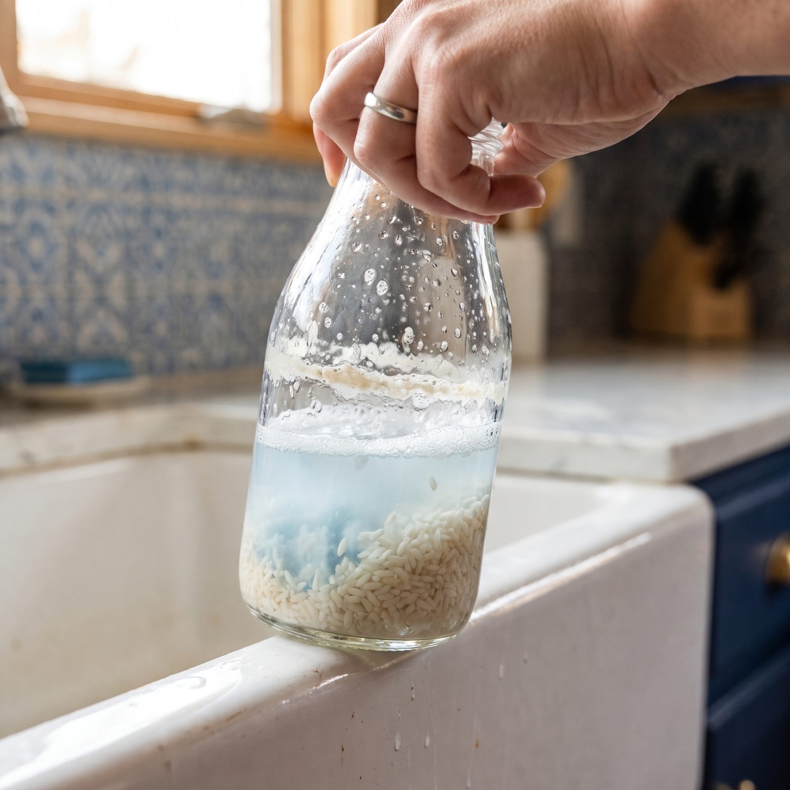 Scrub Narrow-Necked Bottles With Raw Rice and Soapy Water