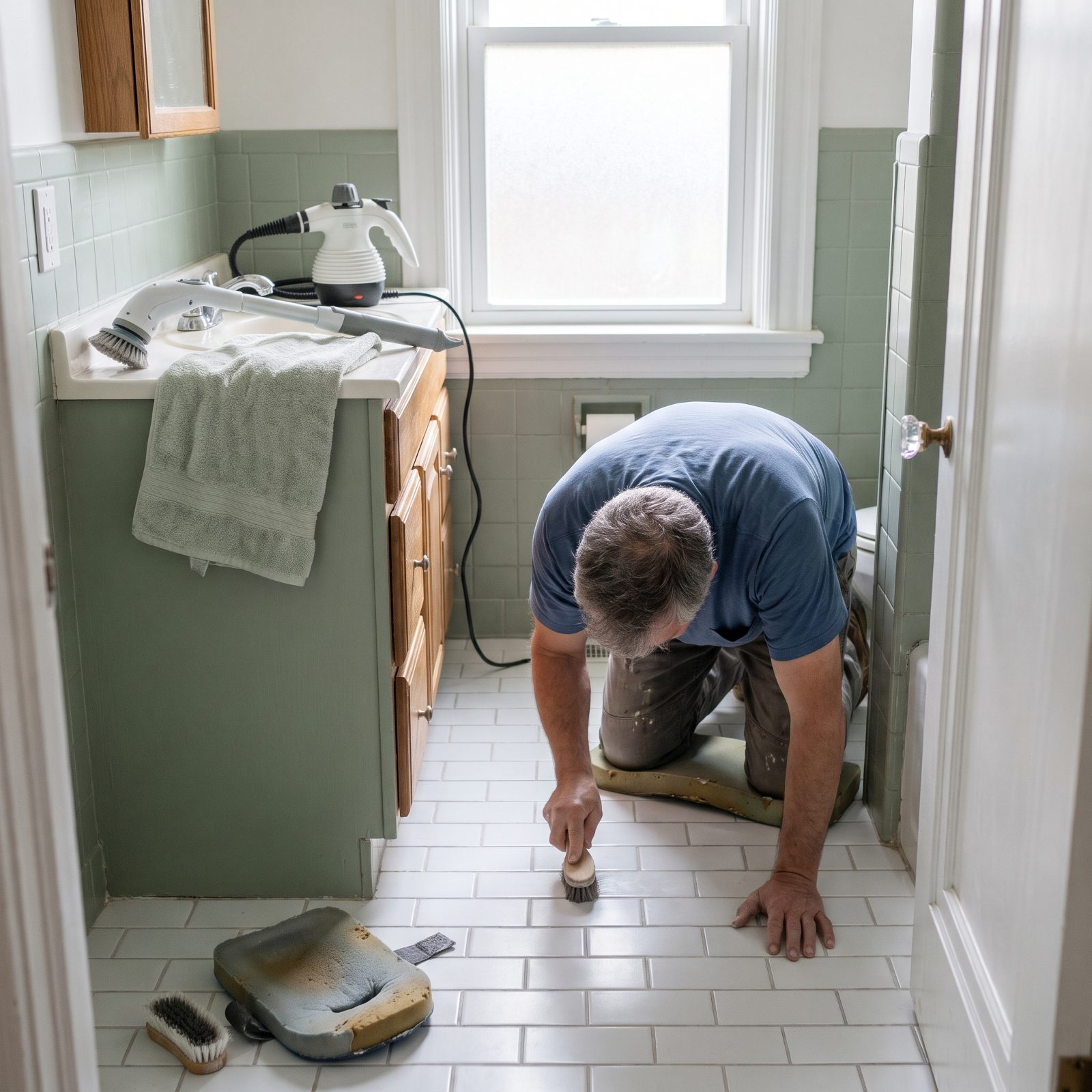 Scrubbing Grout on Hands and Knees