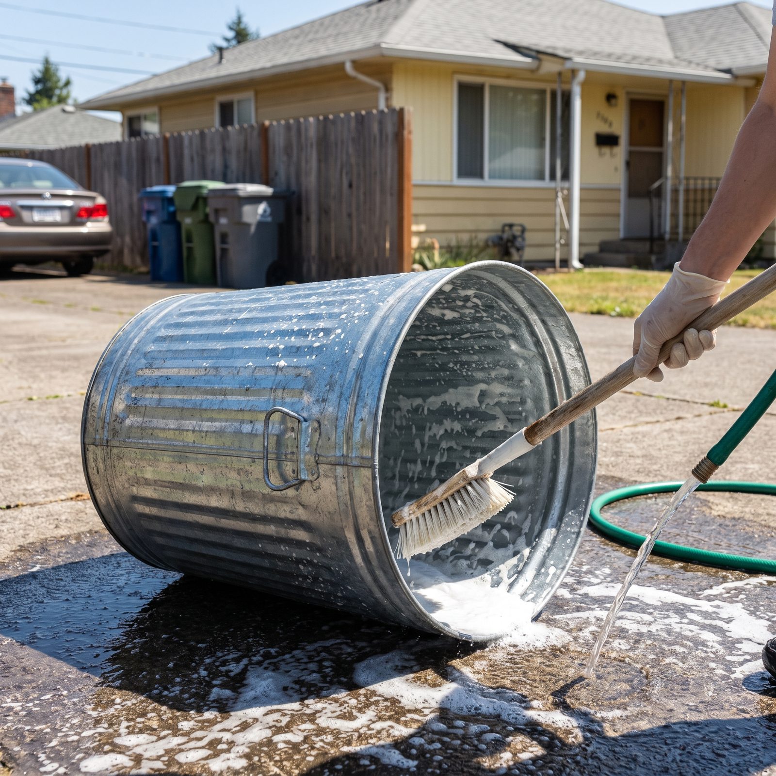 Scrubbing Out the Galvanized Garbage Can After Pickup