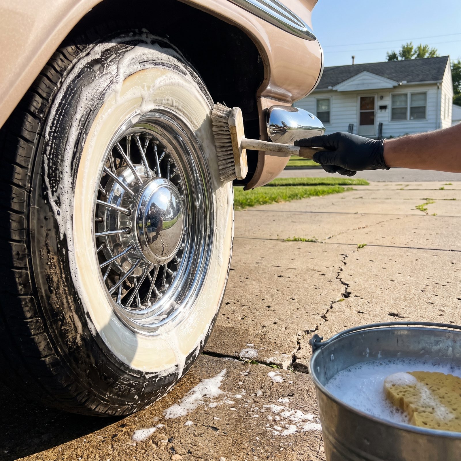 Scrubbing the Whitewall Tires With a Stiff Brush