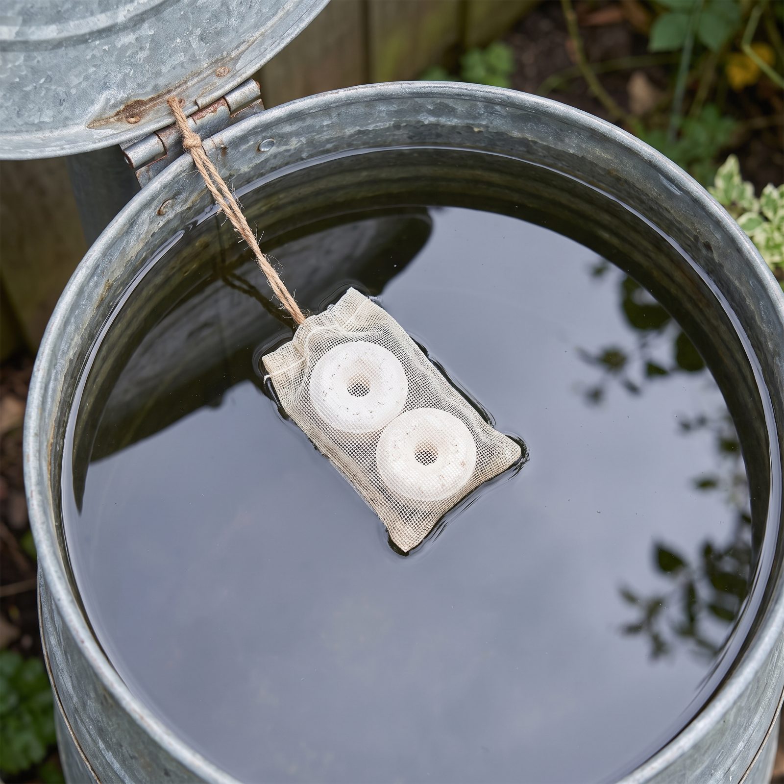 A Secured Mosquito-Dunk Cage Inside Stored Rainwater