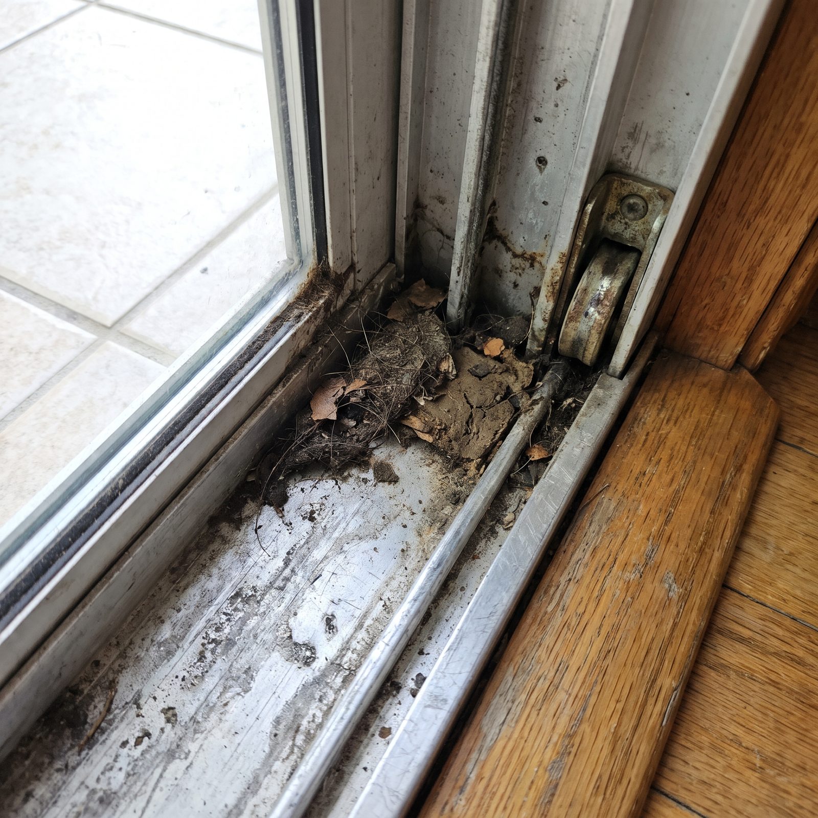The Sliding Door Tracks, Where Grit Packs Hard Around the Rollers