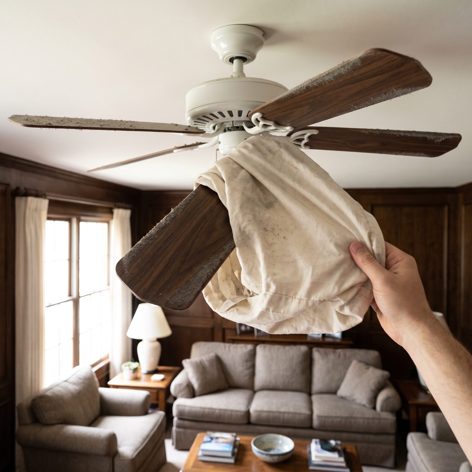 Slipping an Old Pillowcase Over Each Ceiling-Fan Blade