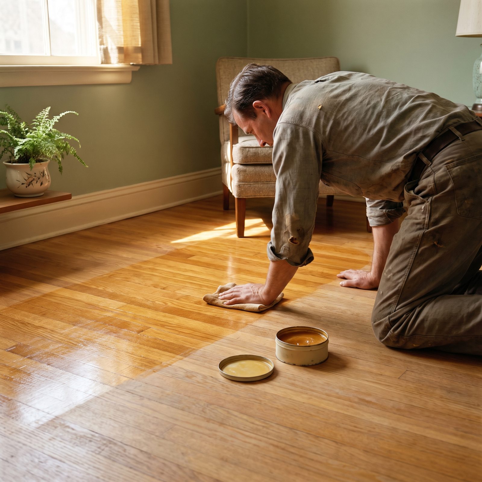 Spreading Paste Wax on the Floor and Buffing It by Hand
