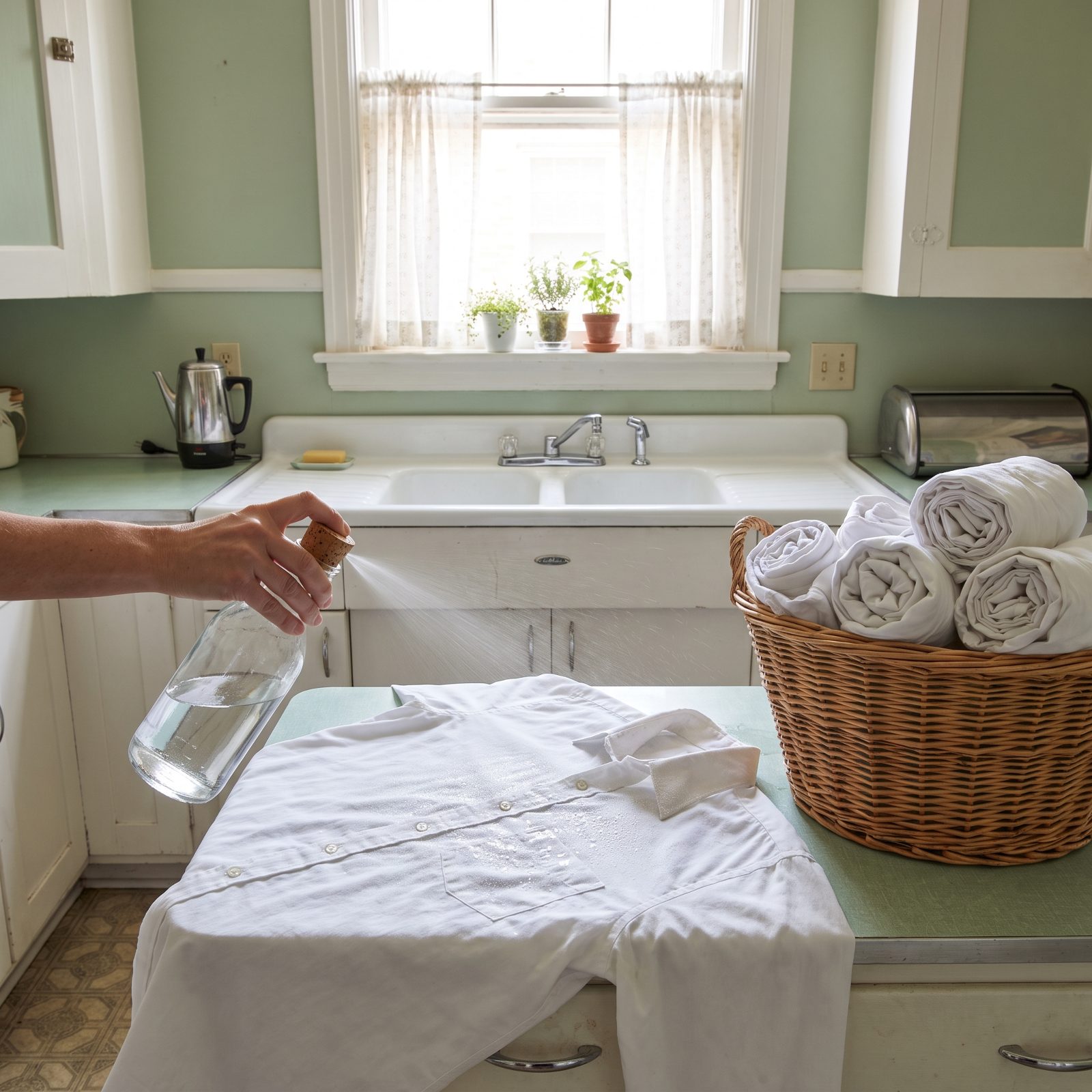 Sprinkling Dry Laundry and Rolling It for the Next Day's Ironing