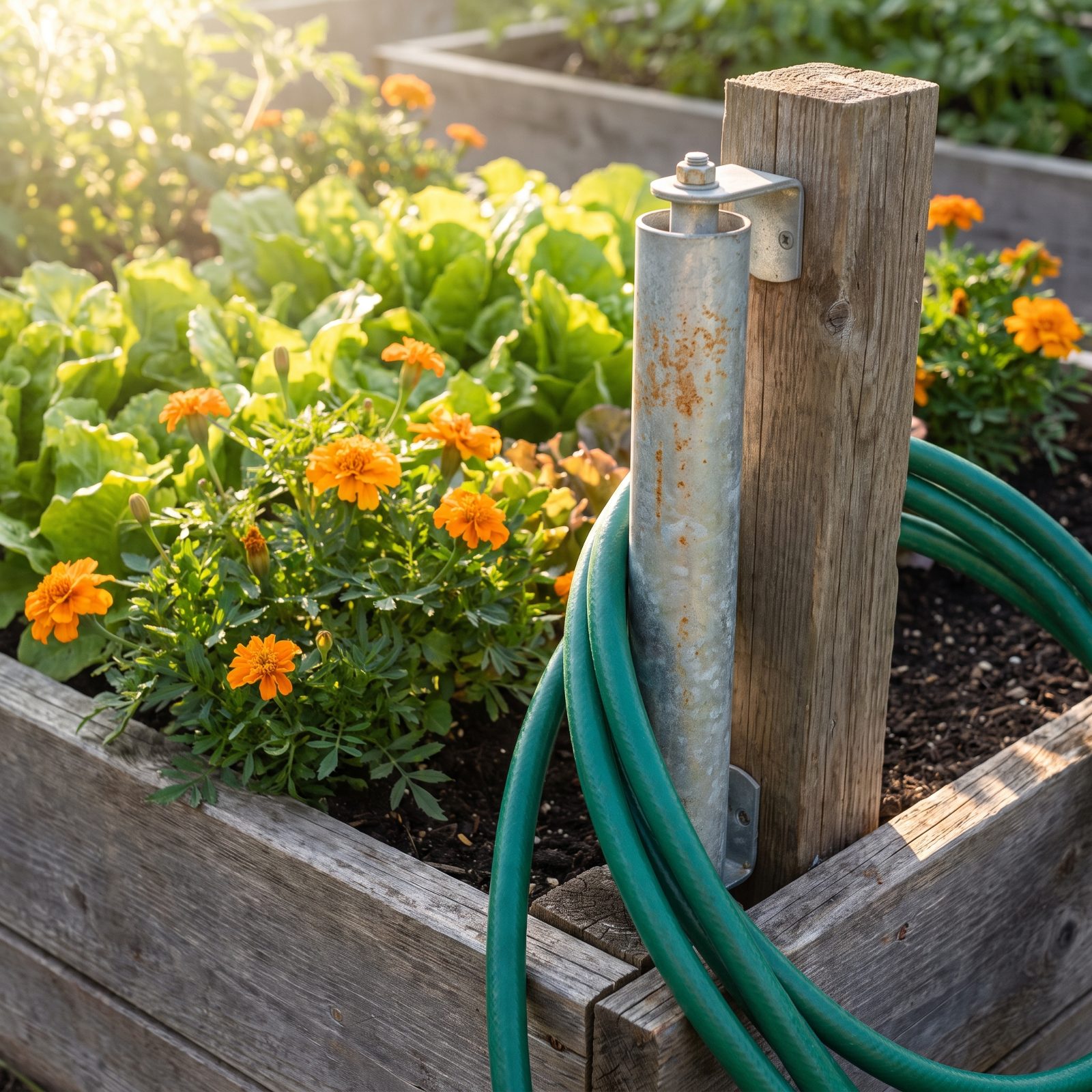 Stake-Mounted Hose Rollers That Protect Bed Corners