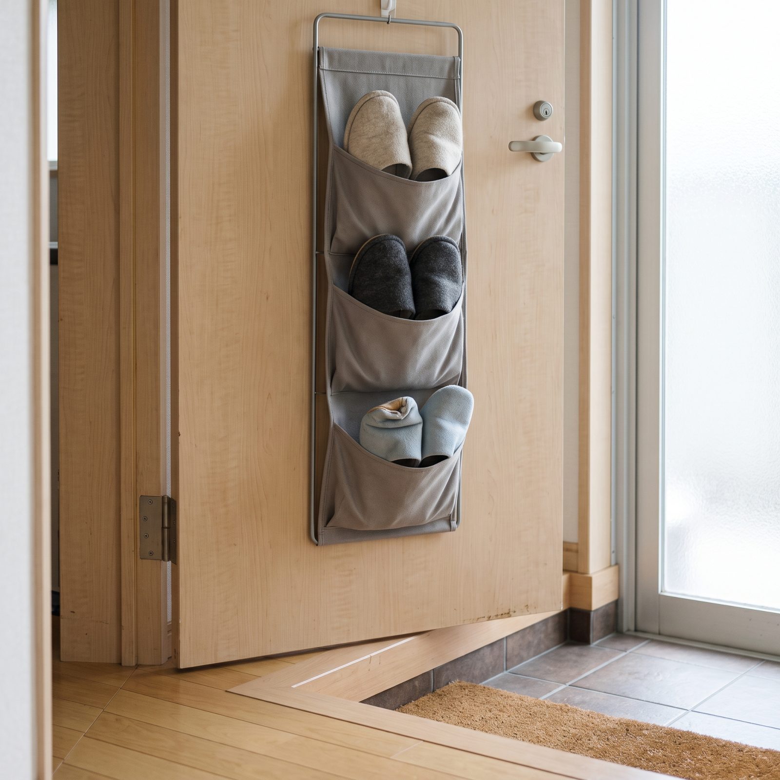 Store Slippers in a Slim Holder Behind the Entry Door