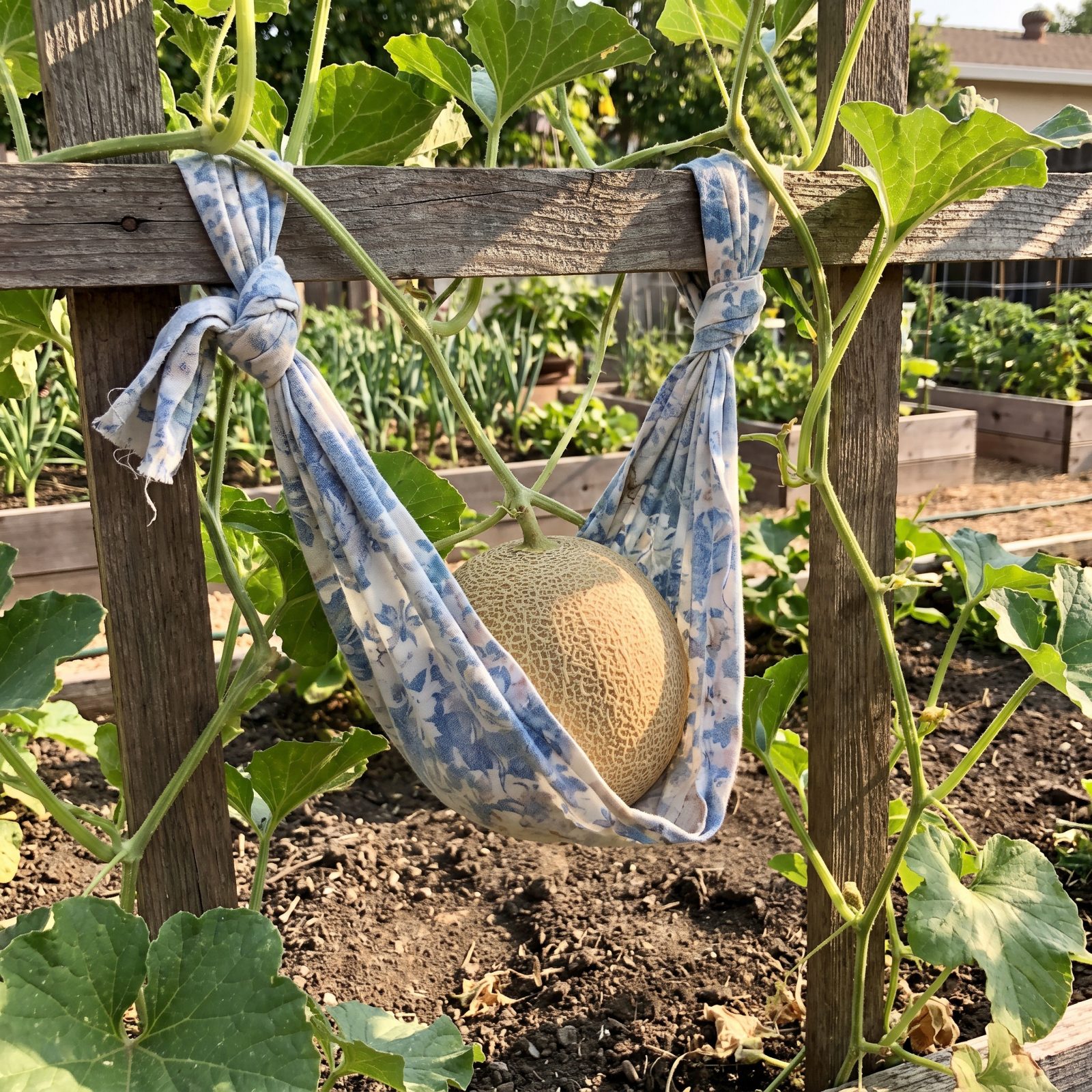 Support Developing Melons in Slings Made From Fabric Scraps