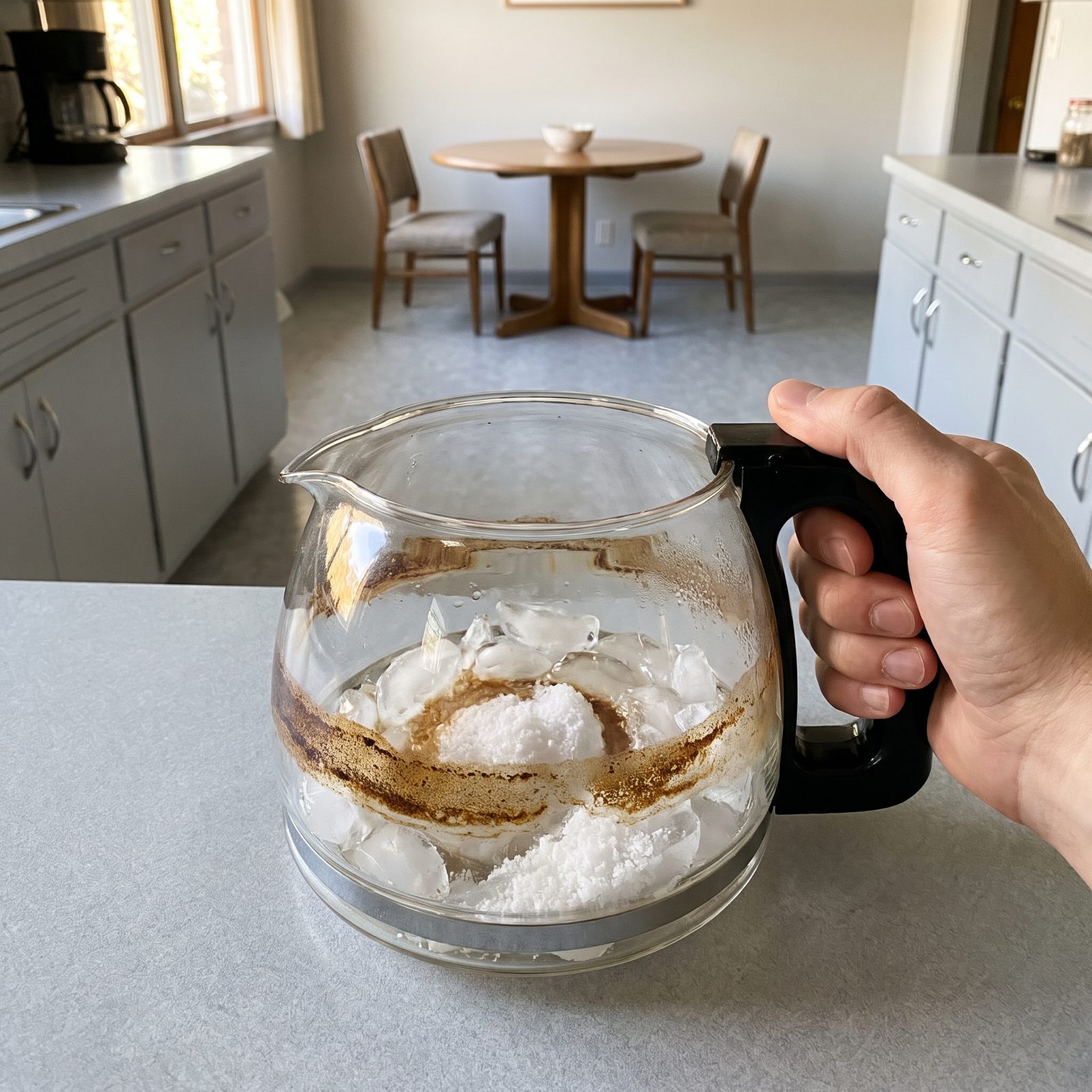 Swirl Ice and Coarse Salt Through a Stained Glass Coffee Pot