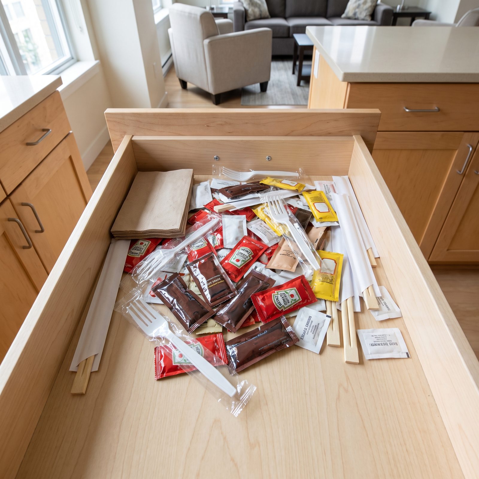 The Takeout Drawer of Soy Sauce Packets and Plastic Forks