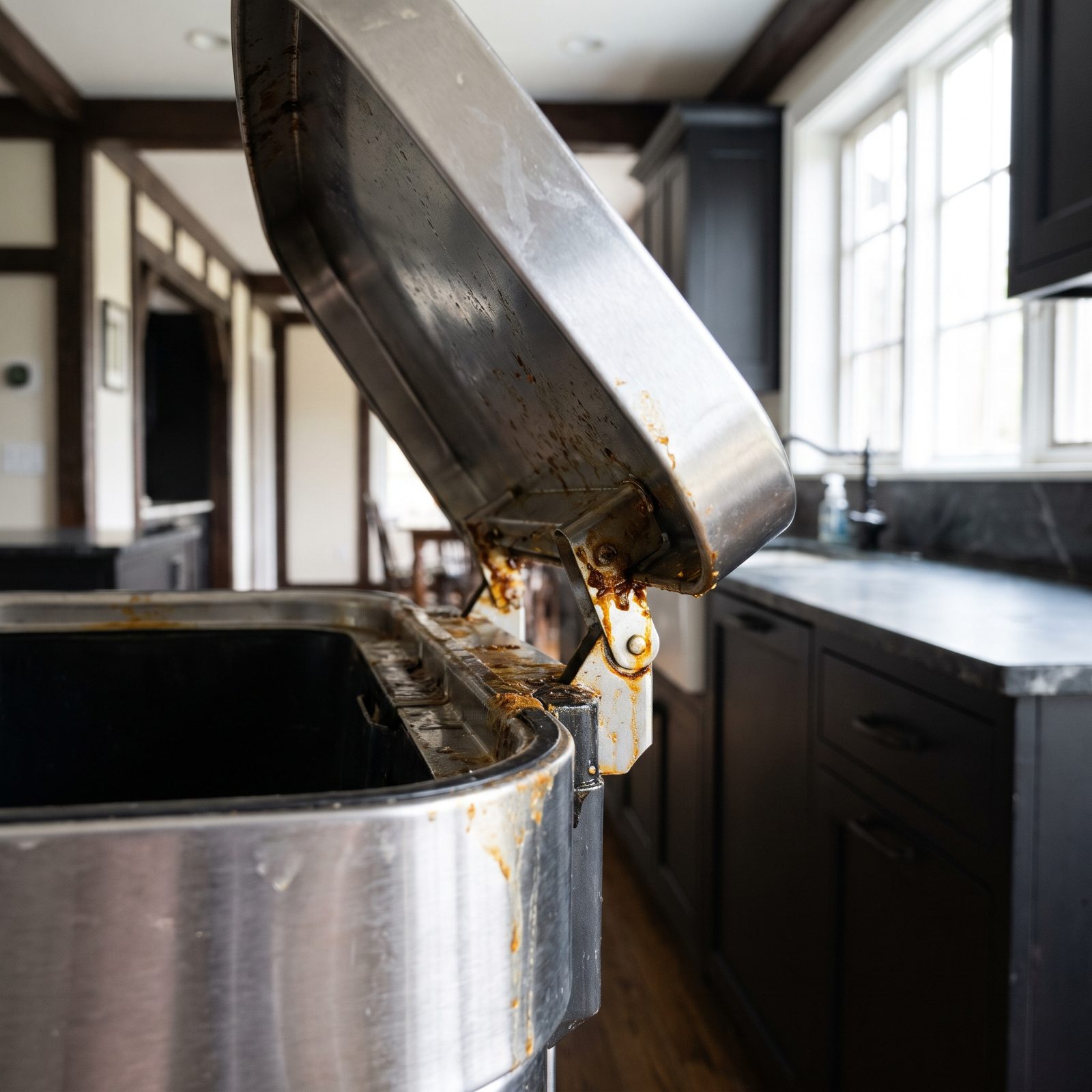 The Trash Can Lid Hinges, Where Splashes Reach the Moving Joints