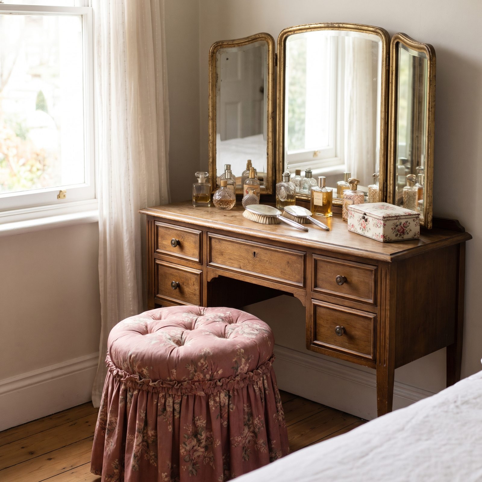 The Tri-Fold Vanity With a Ruffled Stool