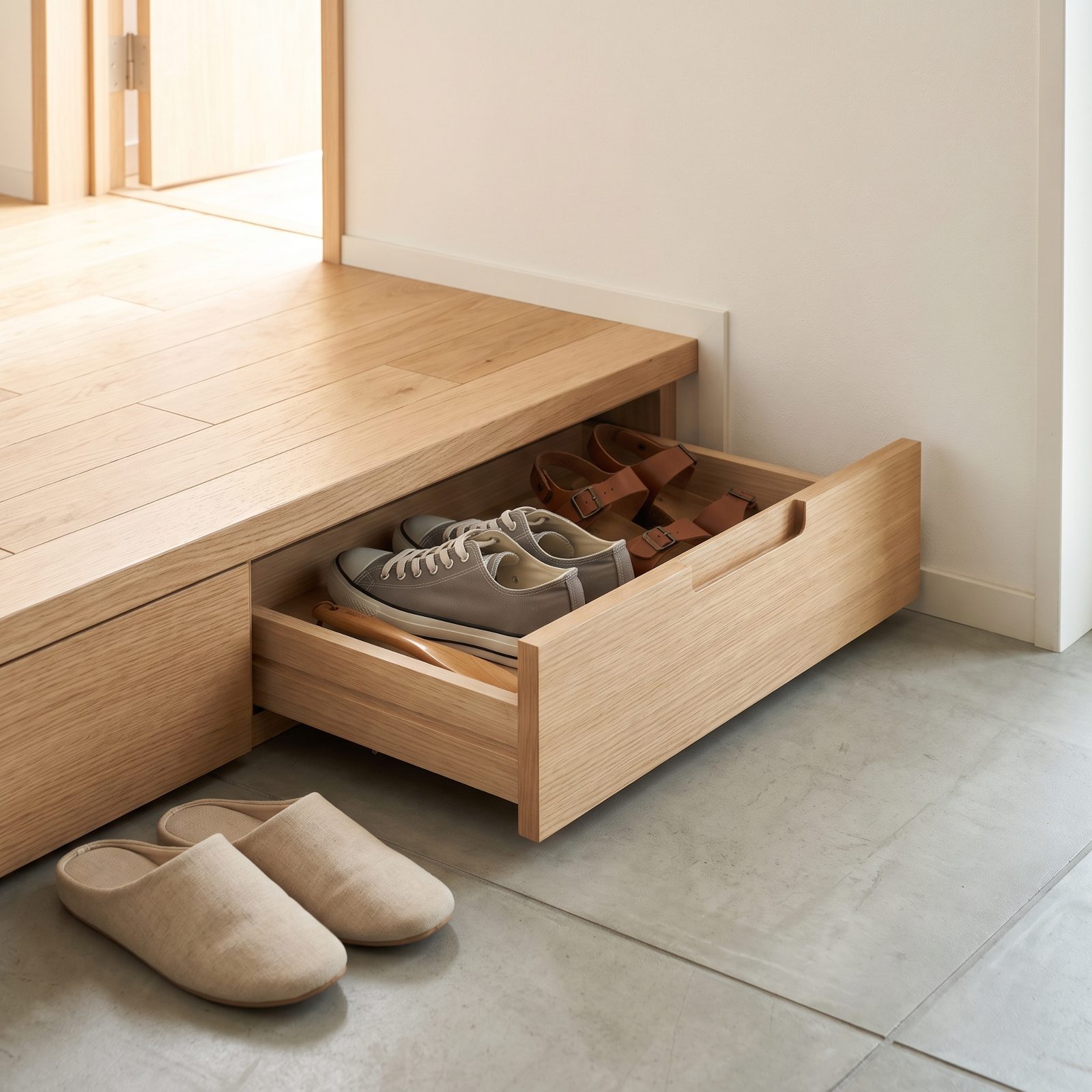 Turn the Genkan Step Into a Concealed Shoe Drawer