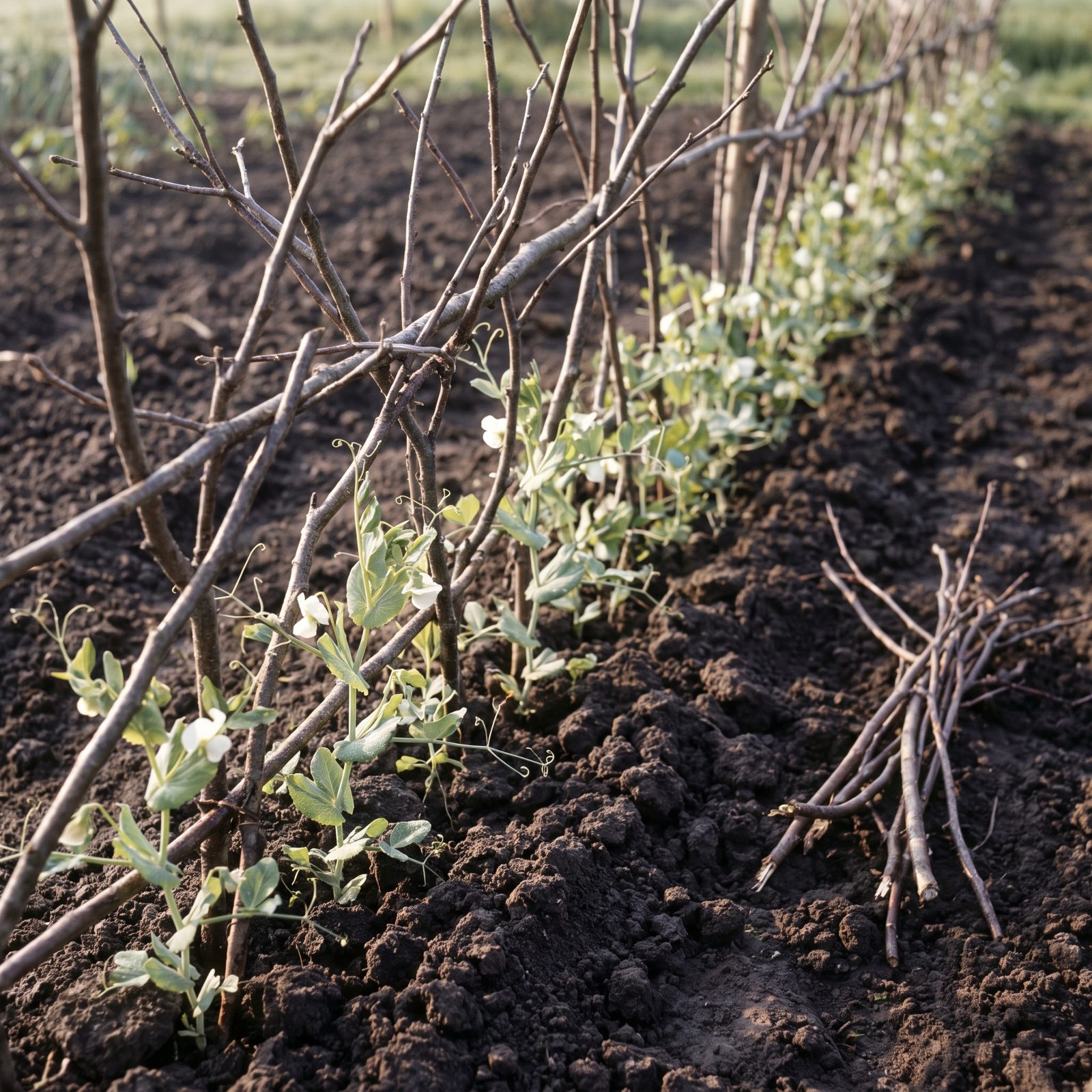 Twiggy Pea Supports Made From Pruned Branches