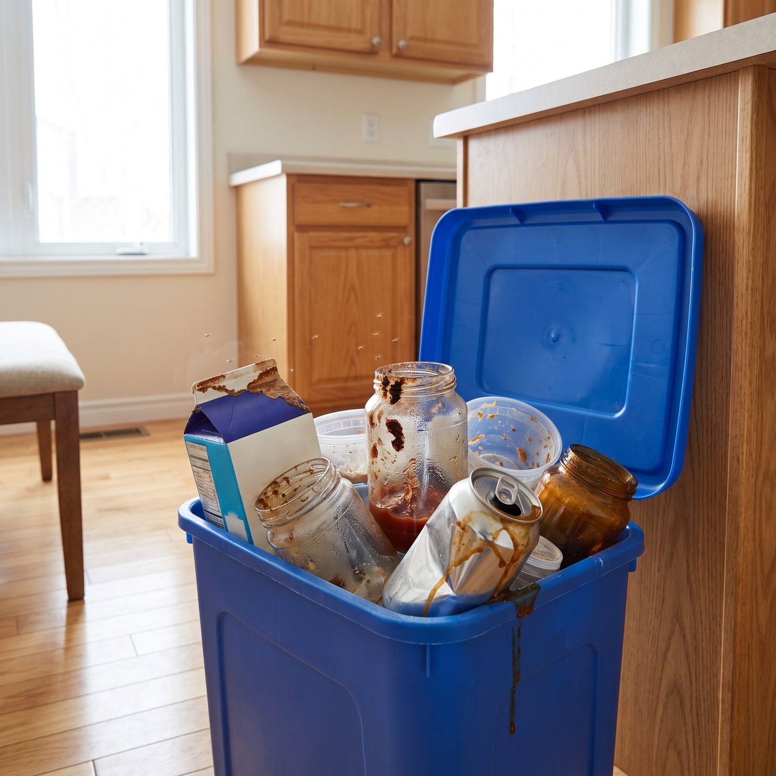 Unrinsed Jars and Cans Fermenting in the Recycling Bin
