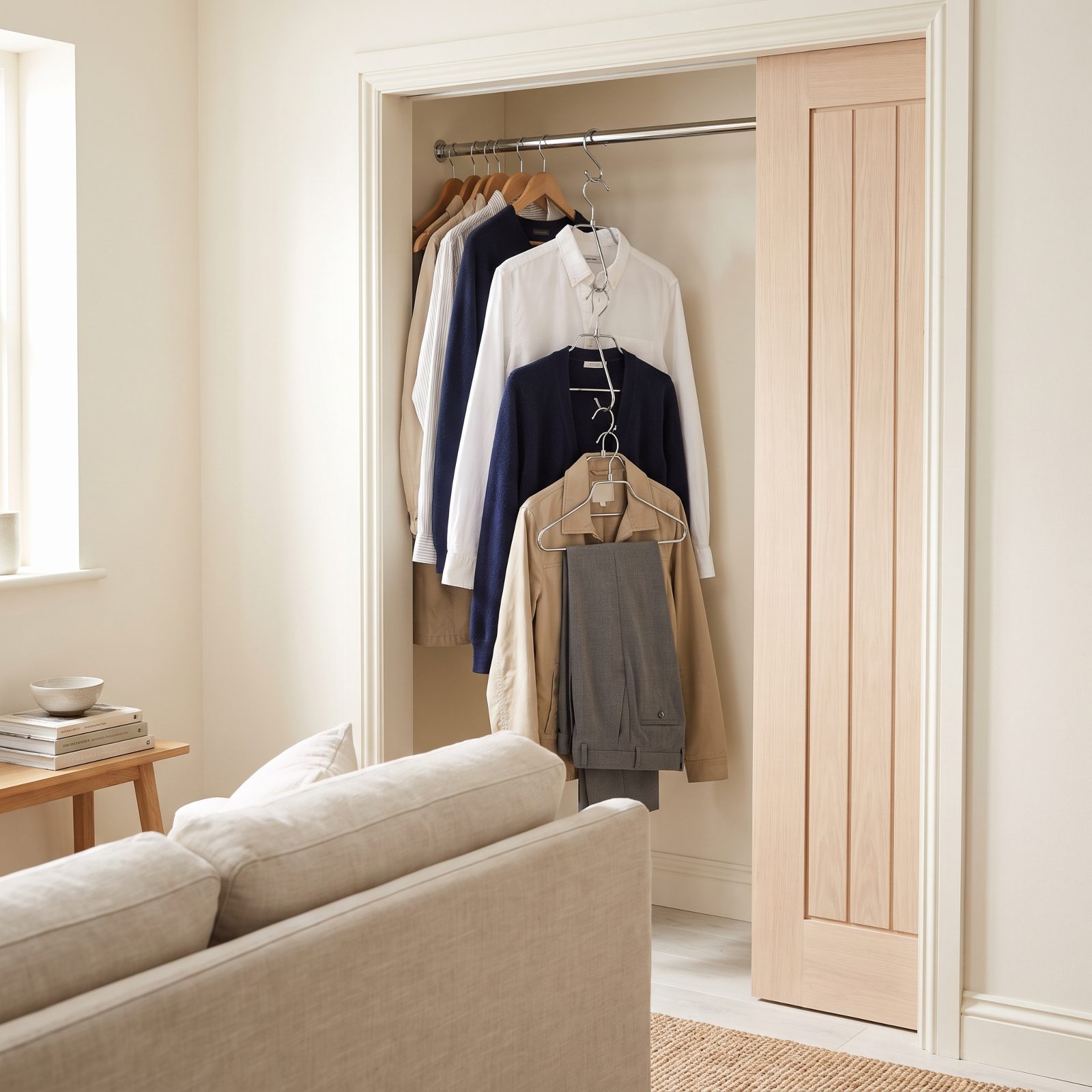 Use Cascading Hangers to Compress a Short Wardrobe
