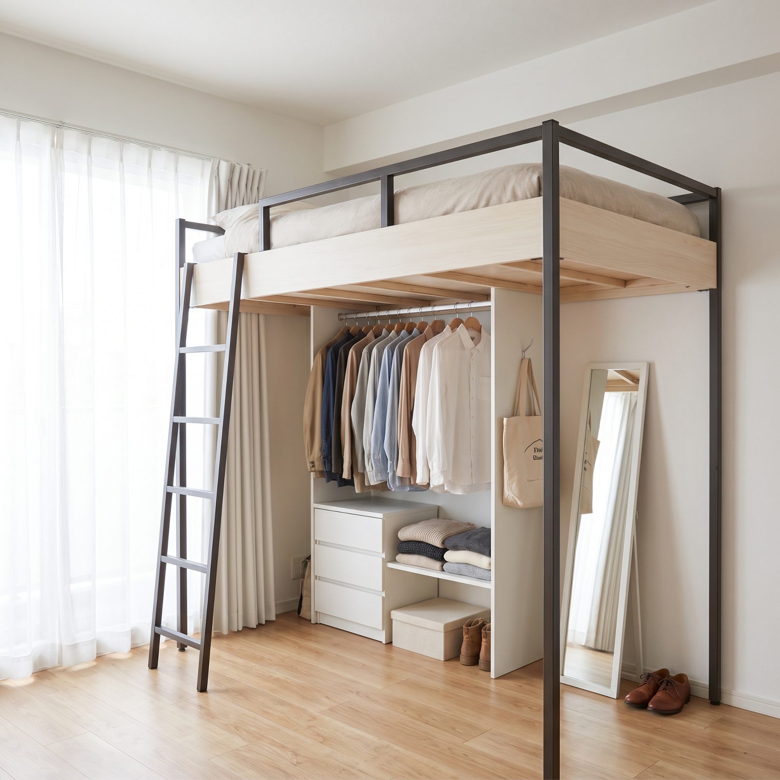Use a Loft Bed to Create a Wardrobe Zone Below