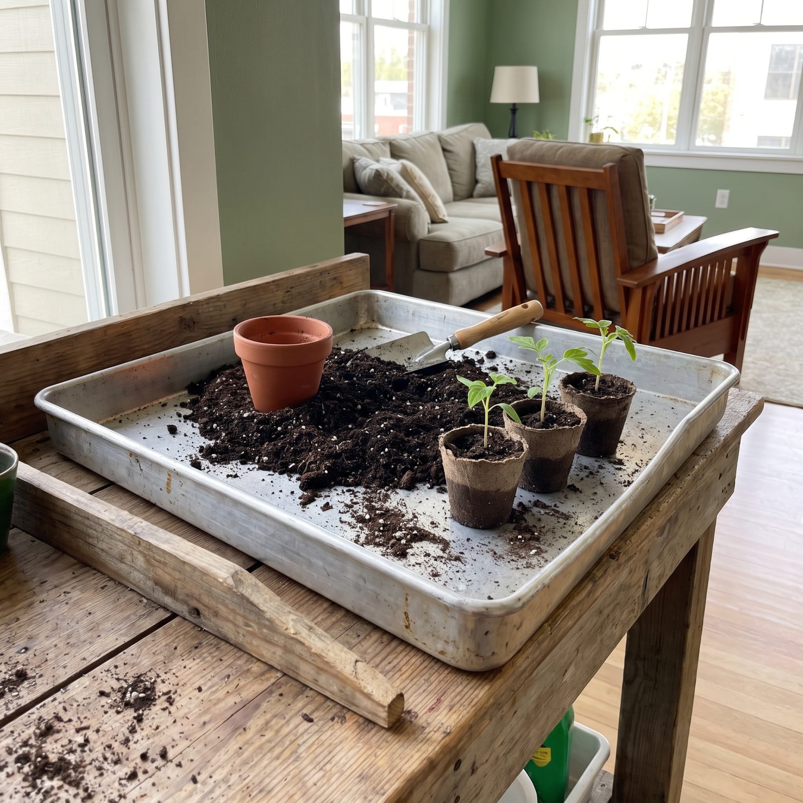 Use an Old Baking Tray as a Portable Potting Surface