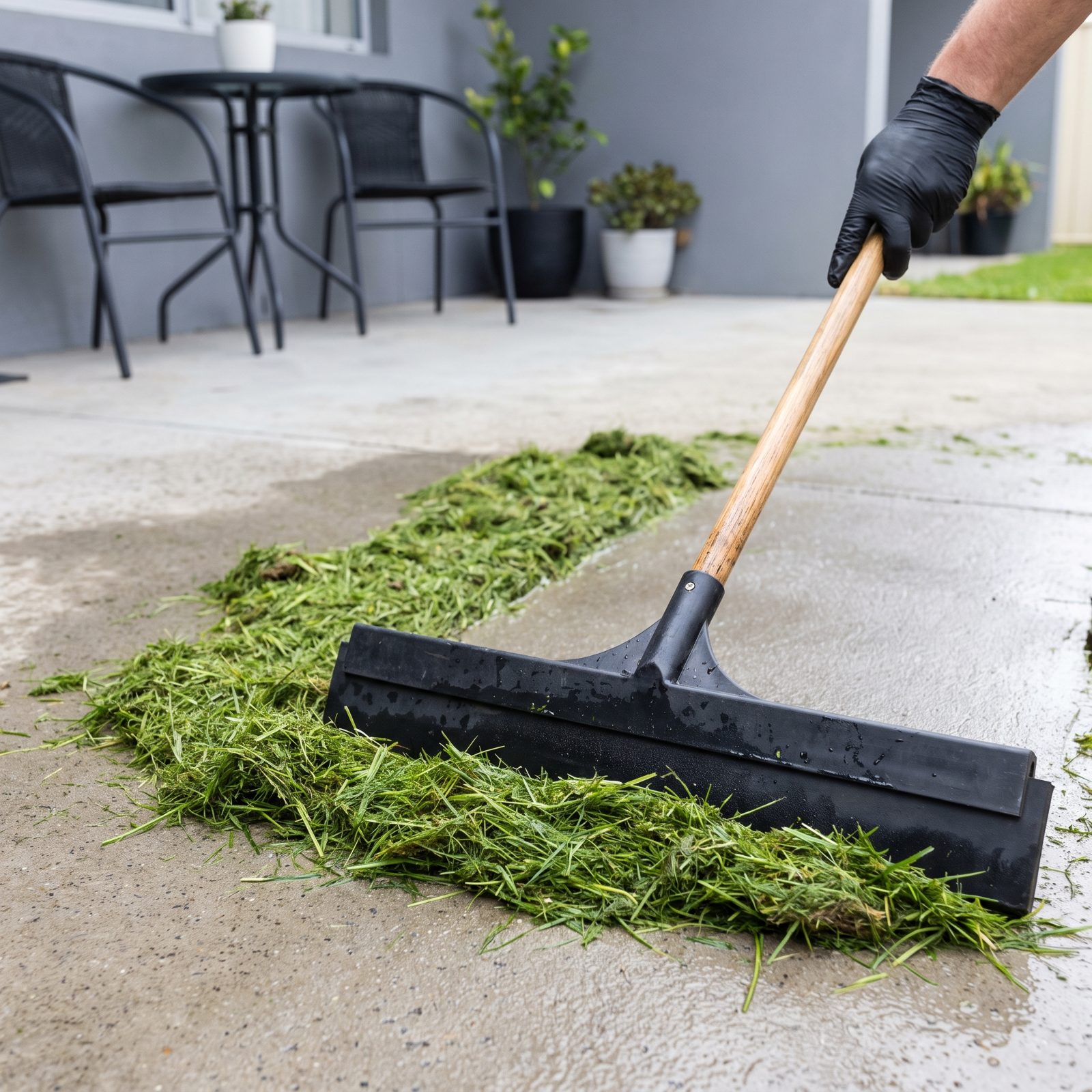Use a Rubber Squeegee to Pull Grass Off Hard Surfaces