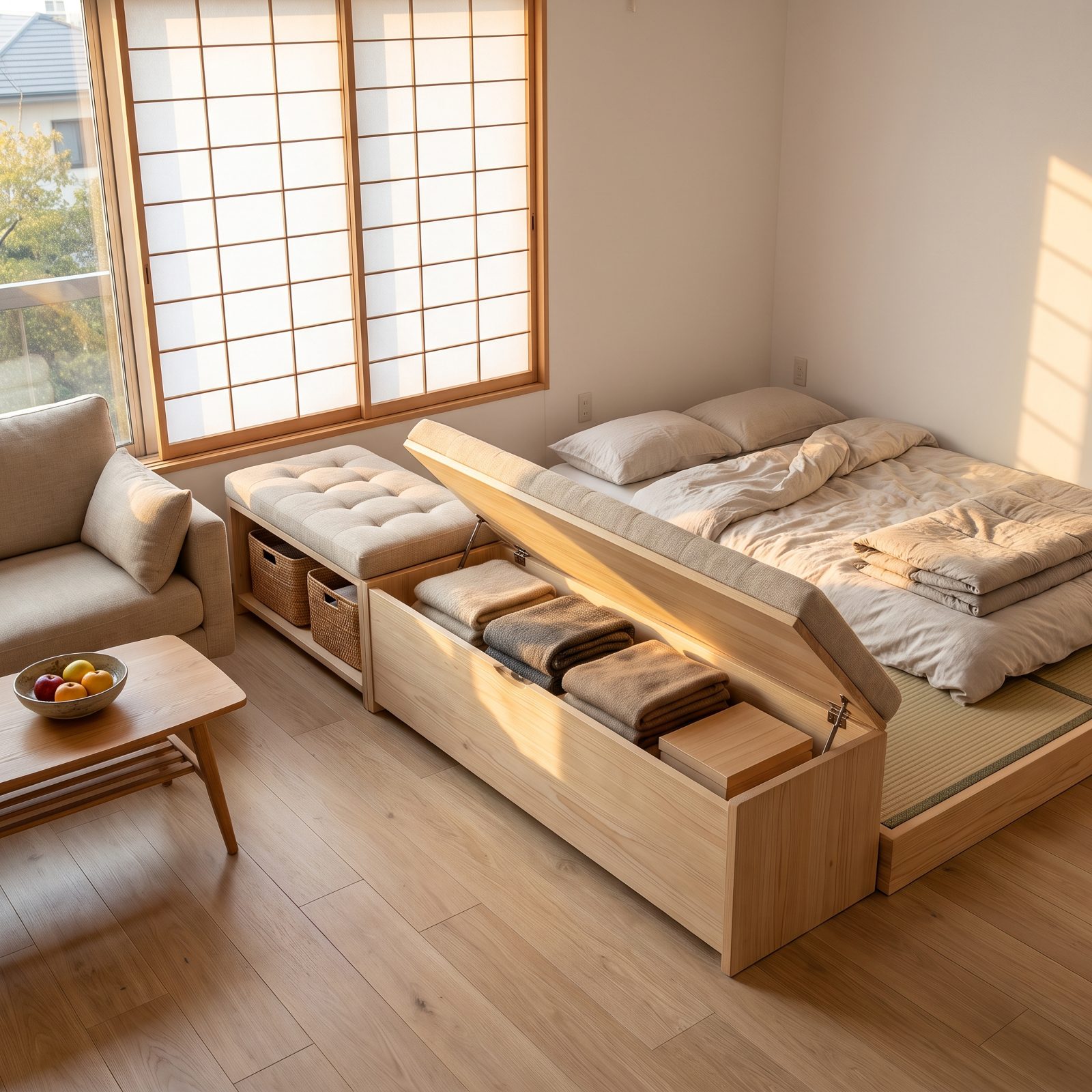 Use a Storage Bench to Divide the Living and Sleeping Zones