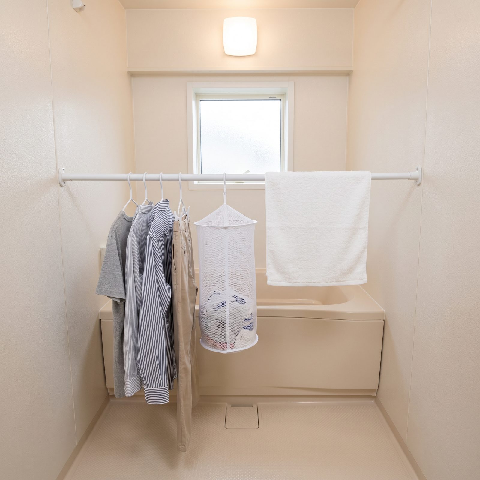 Use the Unit-Bath Drying Bar for Hanging Laundry Storage