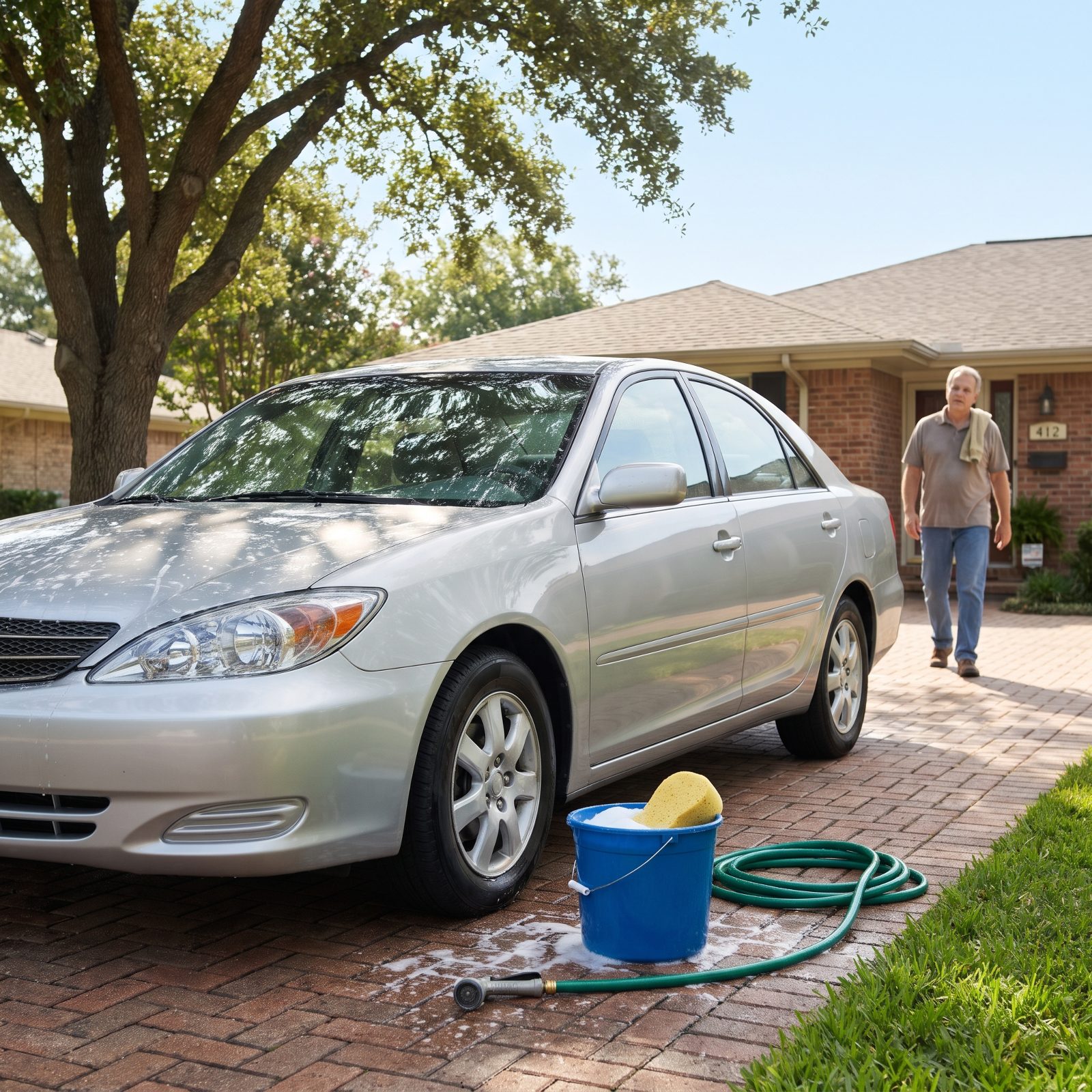 Washing the Car by Hand in the Driveway